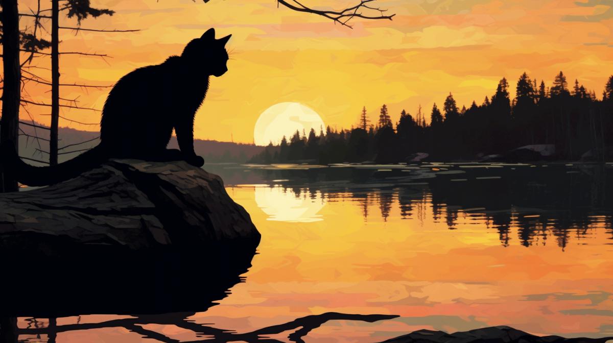 Silhouette of a cat on a rock ledge, lake birches, sunset, sacral geometry