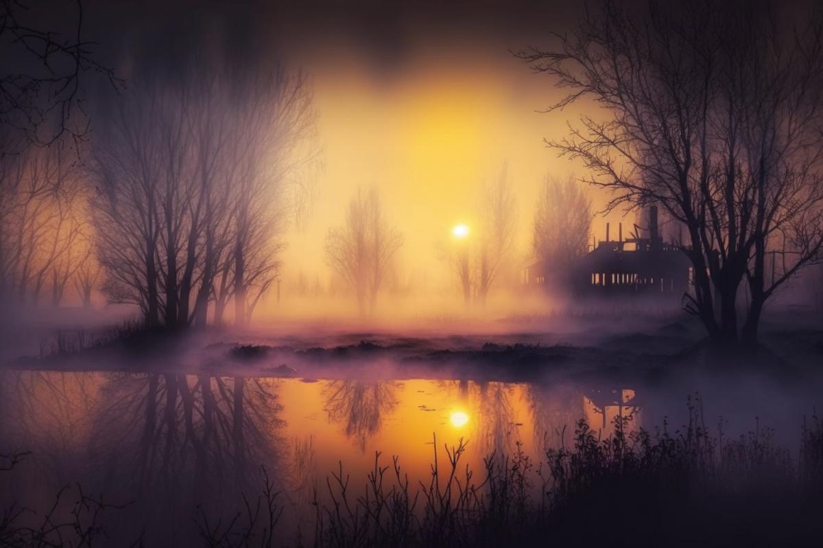 Beautiful sunset in the fog, mysterious hallucinations