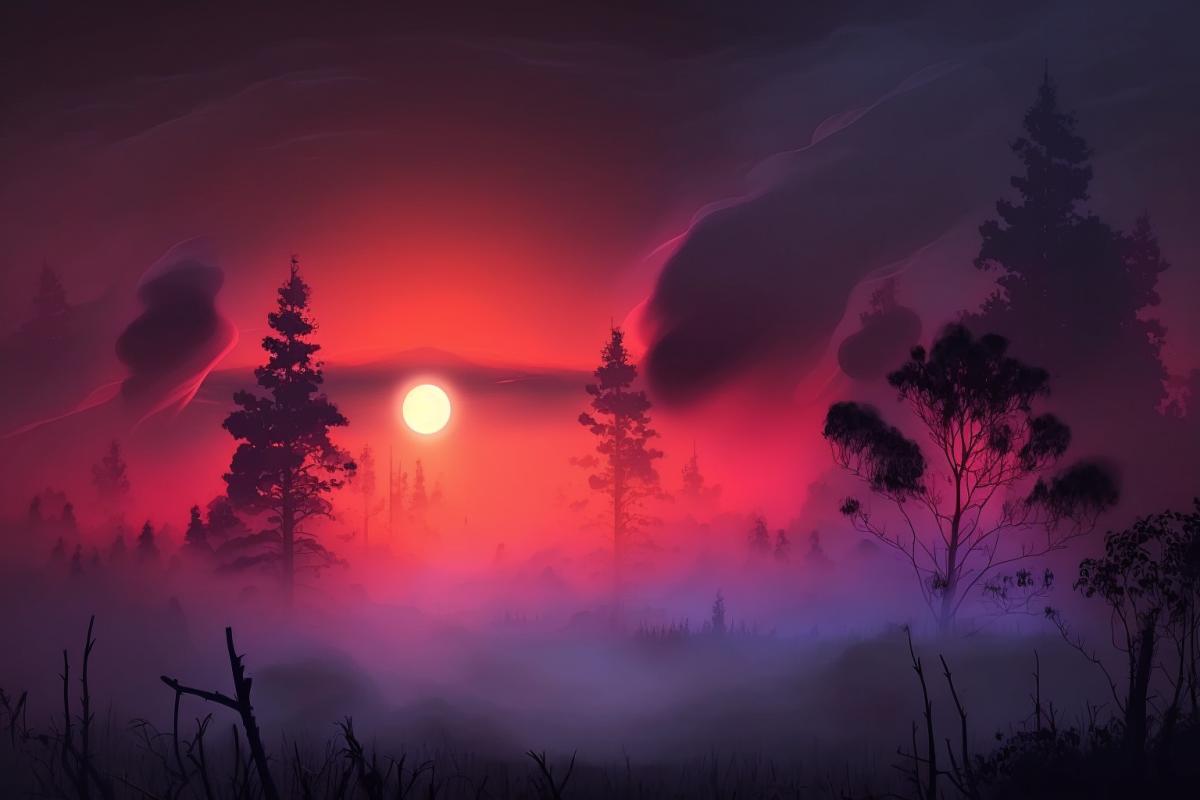 Beautiful sunset in the fog, mysterious hallucinations