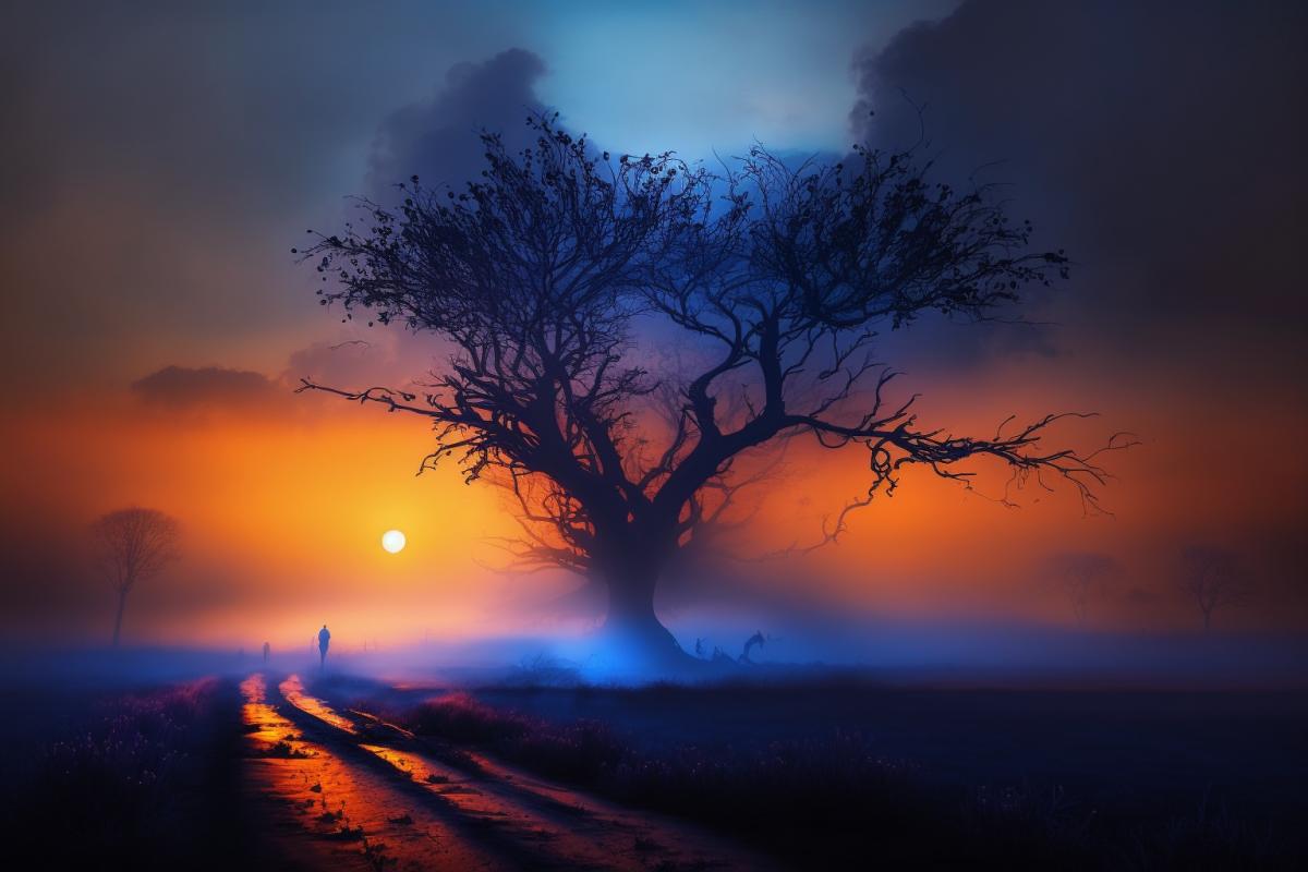 Beautiful sunset in the fog, mysterious hallucinations