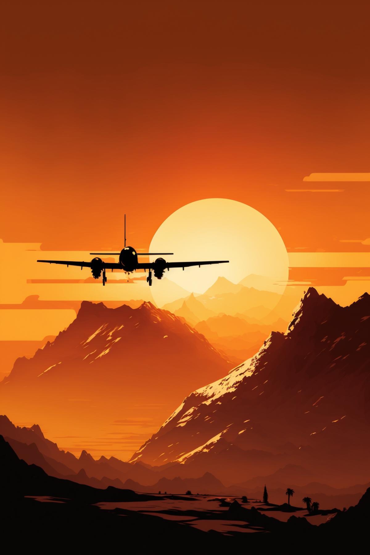 Mountains, sunset, a small plane flies away against the background of the sun