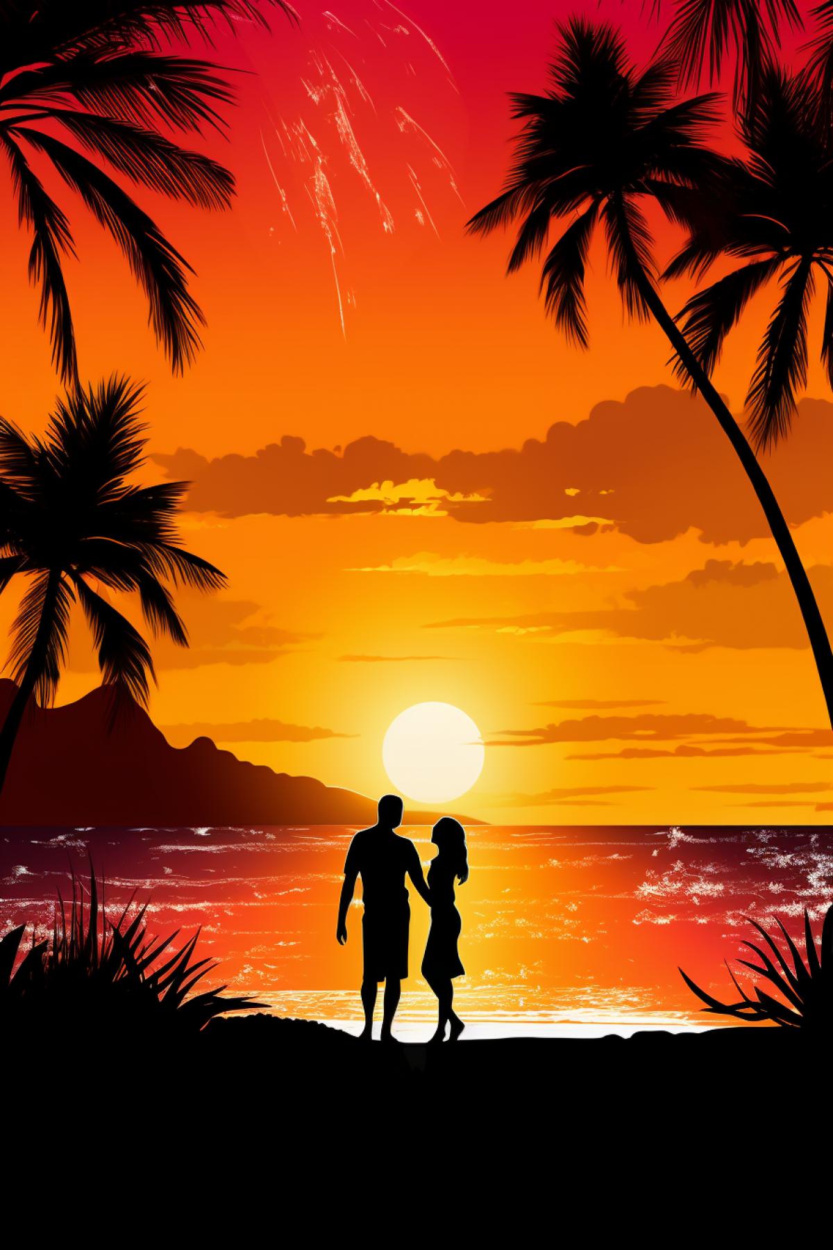 a beach scene, in the style of bold chromaticity, exotic, spectacular backdrops, colorful arrangements, romantic gestures, joyful celebration of nature, sunset amazing light, with copy big space, zoom out --no zoom