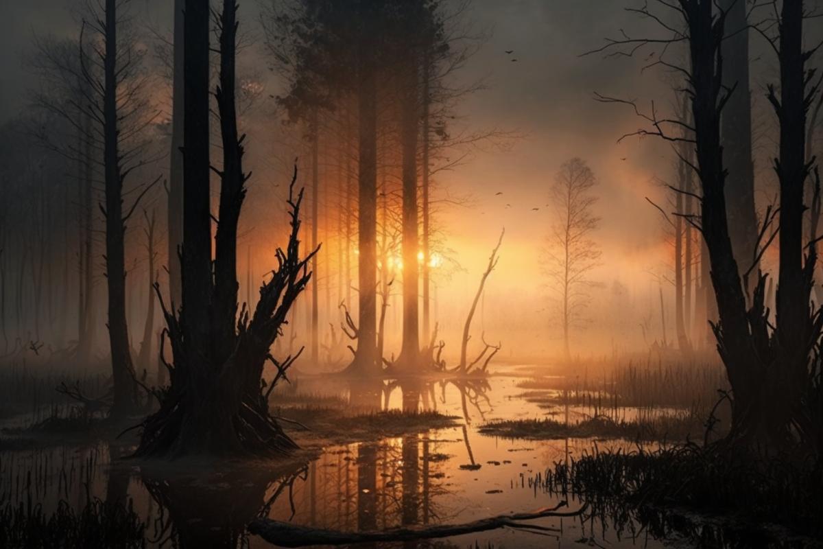 Sunset in the fog on a gloomy swamp