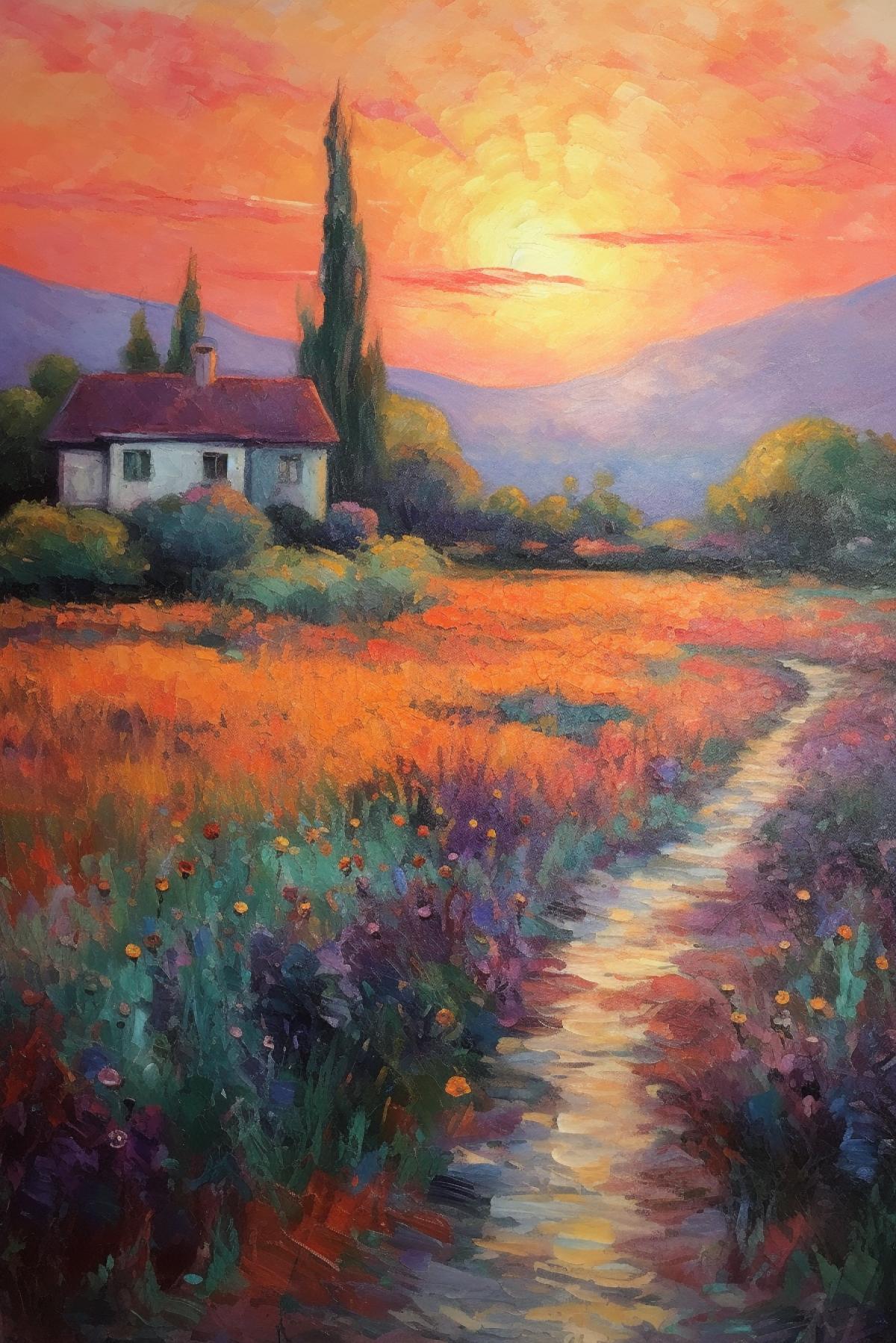 rustic landscape, serene, sunset, impressionist painting, Fauvism, vibrant colors, dappled lighting, in the style of Marc Chagall, early 20th century, dreamlike, brush strokes