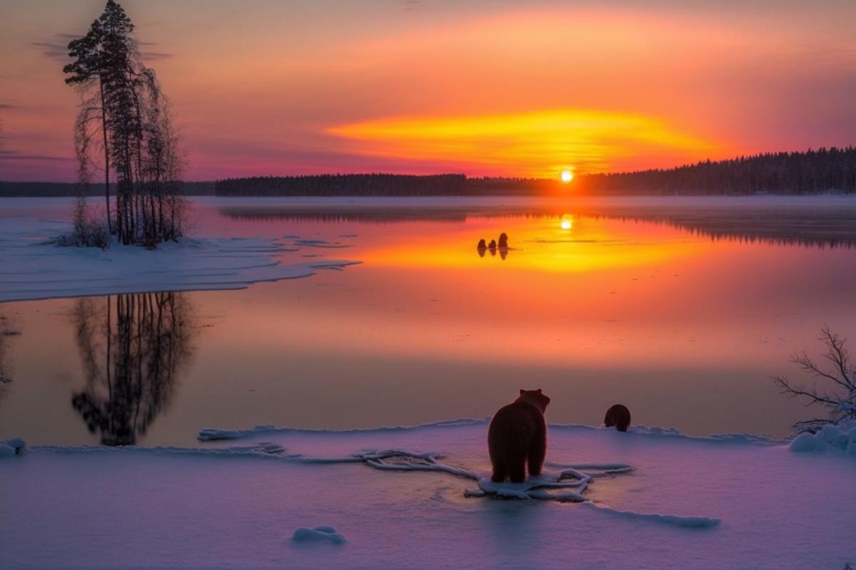 Sunset in winter Karelia with bears