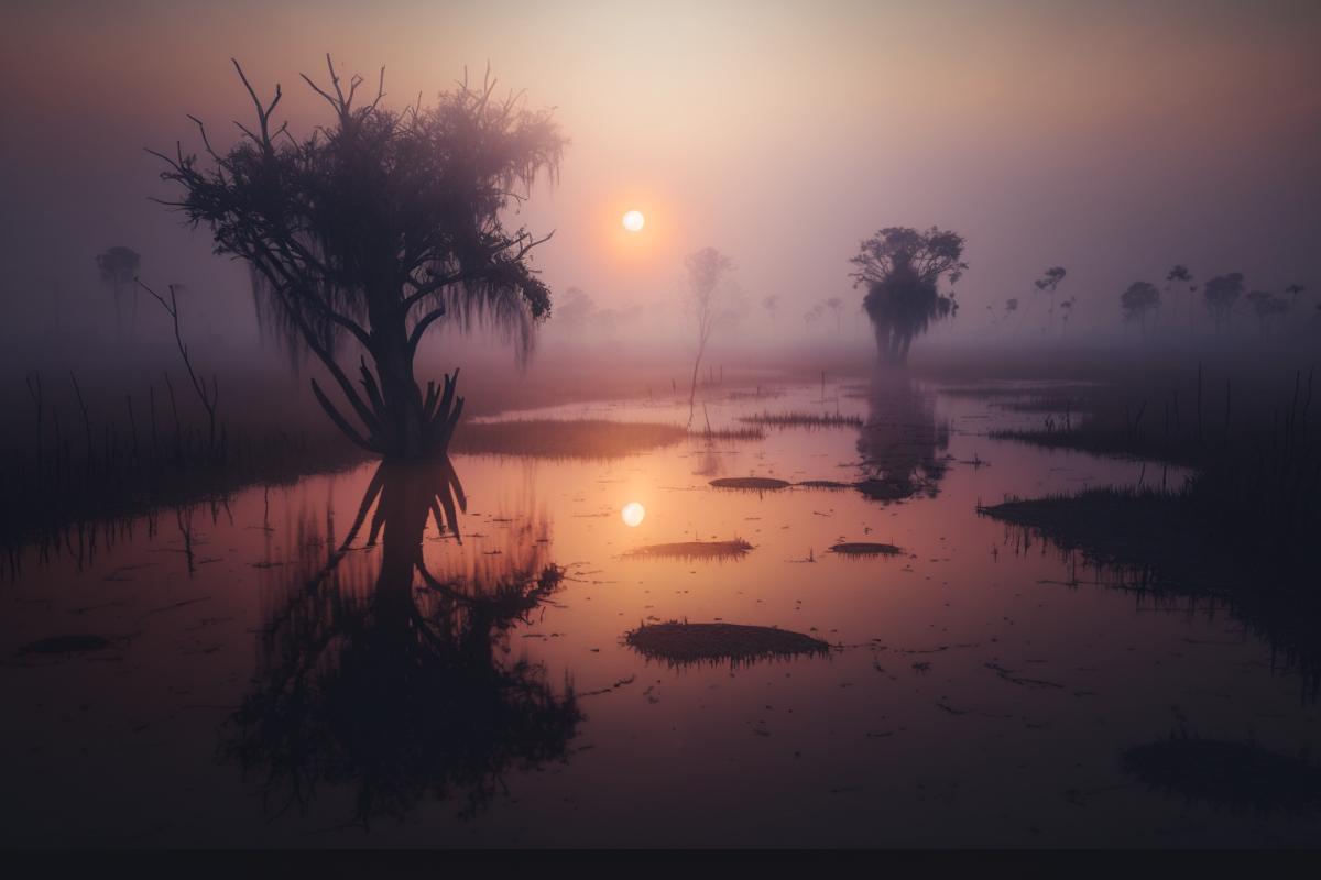 Sunset in the fog on a gloomy swamp
