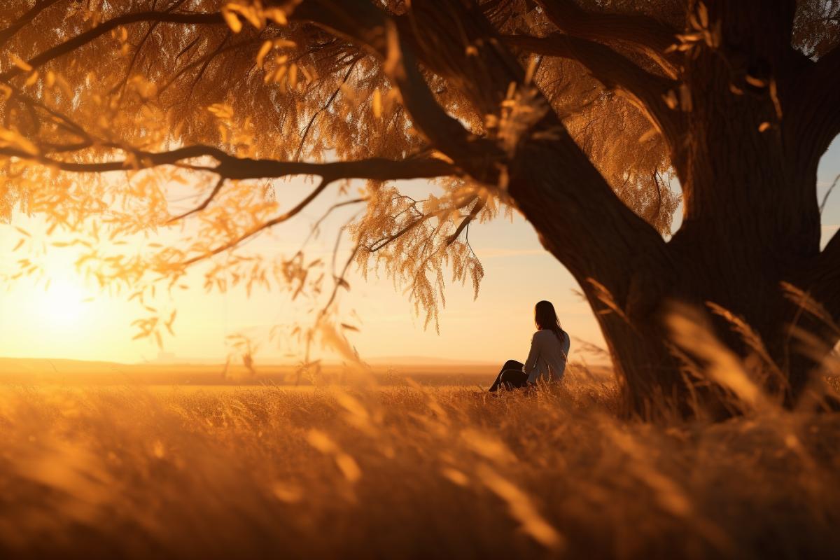sitting beneath the old pecan tree looking out across the wheat field at the golden sunset, windy, bokeh render, golden hour