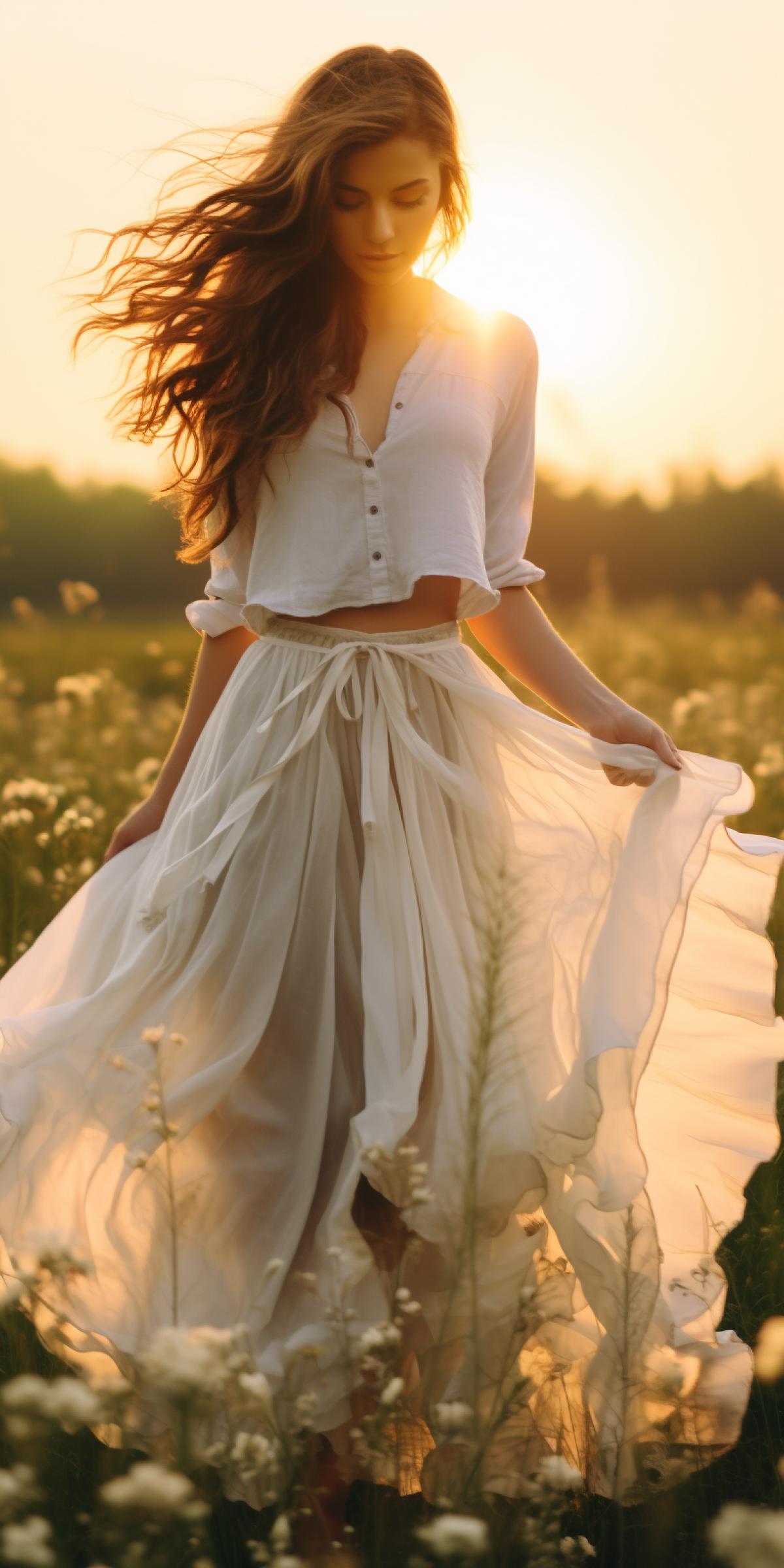 An artistic photo of a beautiful girl wearing a sheer white blouse and flowing skirt, 4kd in a field of wildflowers at sunset, with a hint of lens flare for added dreaminess