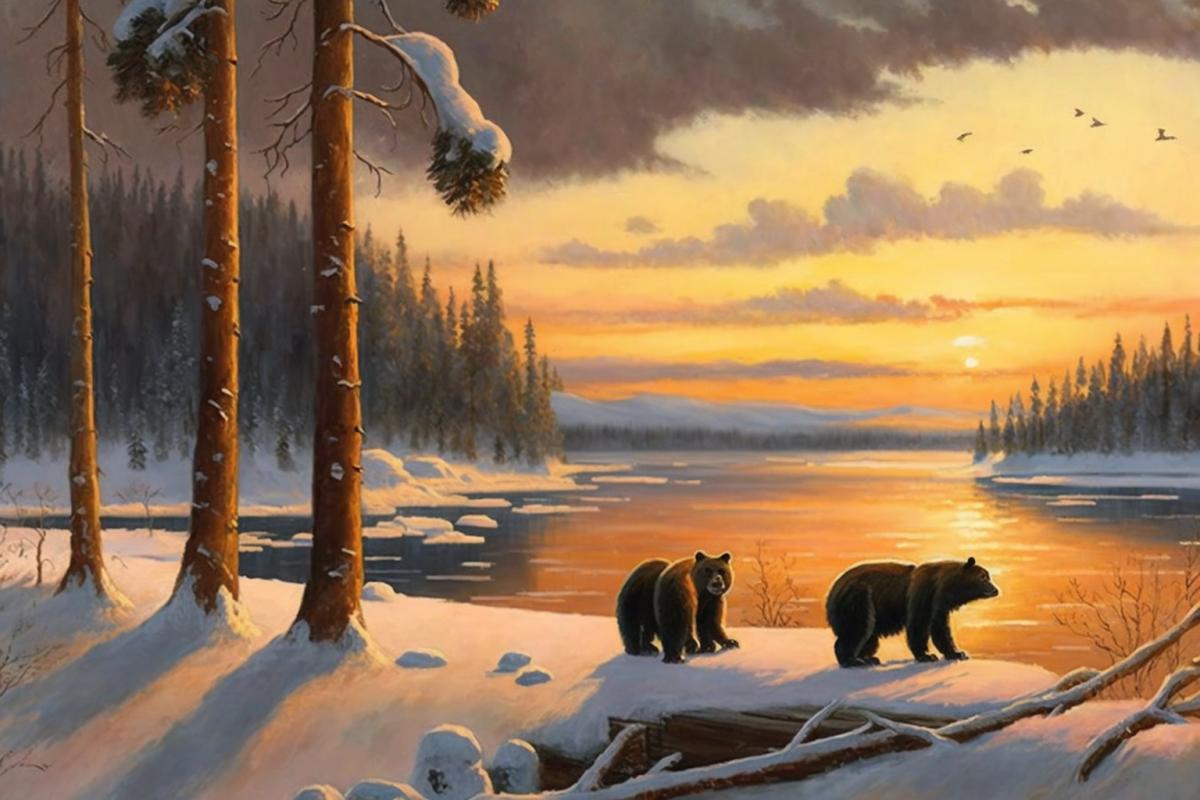 Sunset in winter Karelia with bears