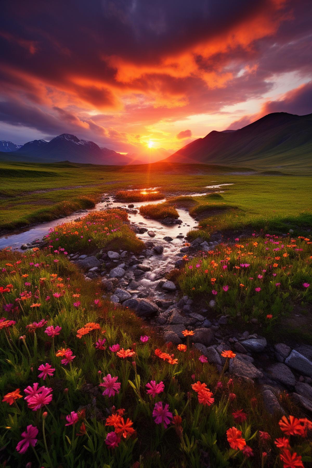 The vast expanse of the sunset sky extends, and the fish scale like colorful auspicious clouds in the sky are like dreams under the glow of the sunset. Strong light shines through the clouds, shining on the mountains like green grass. The wild flowers are everywhere, and the streams are clear and visible. The overall shooting angle is high-definition 8K