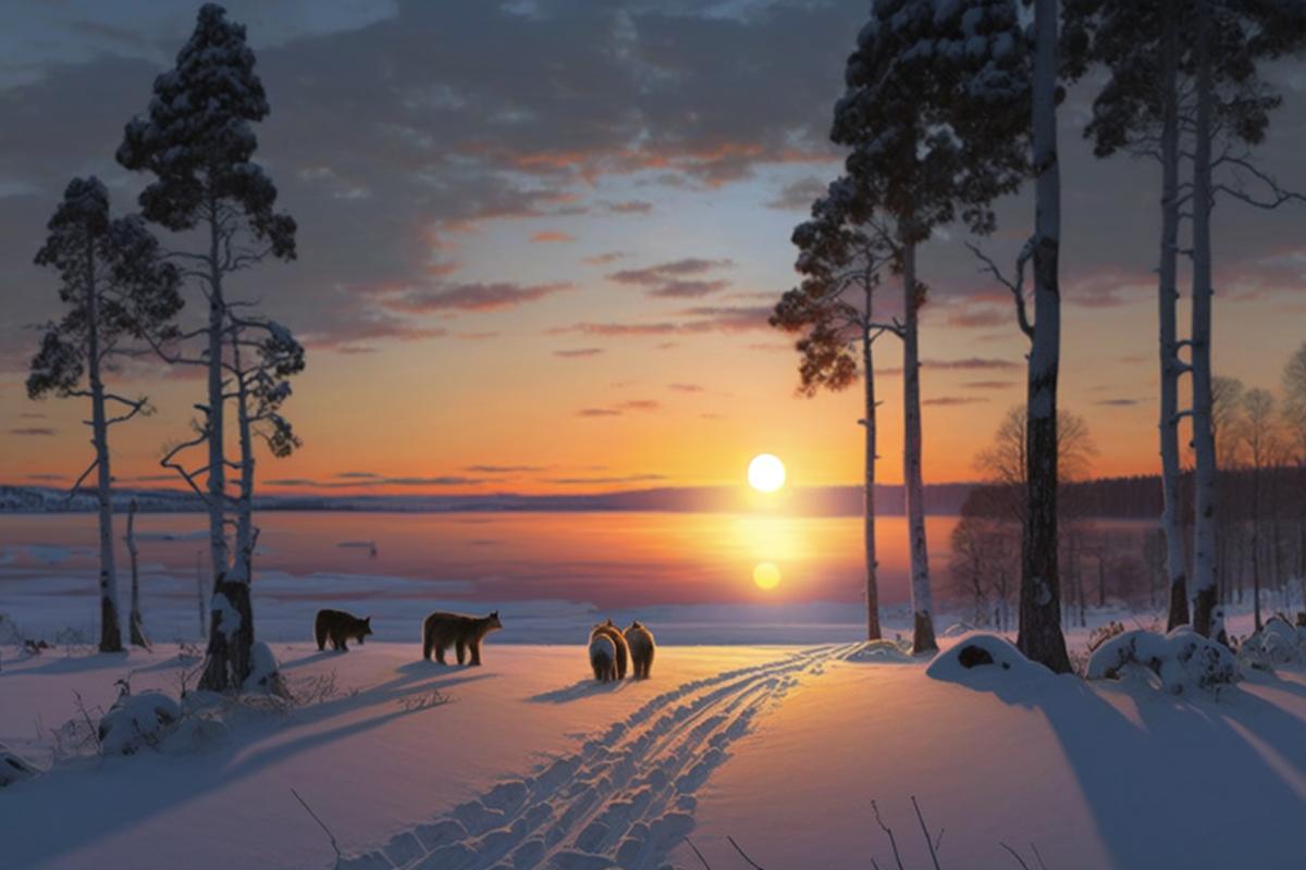 Sunset in winter Karelia with bears
