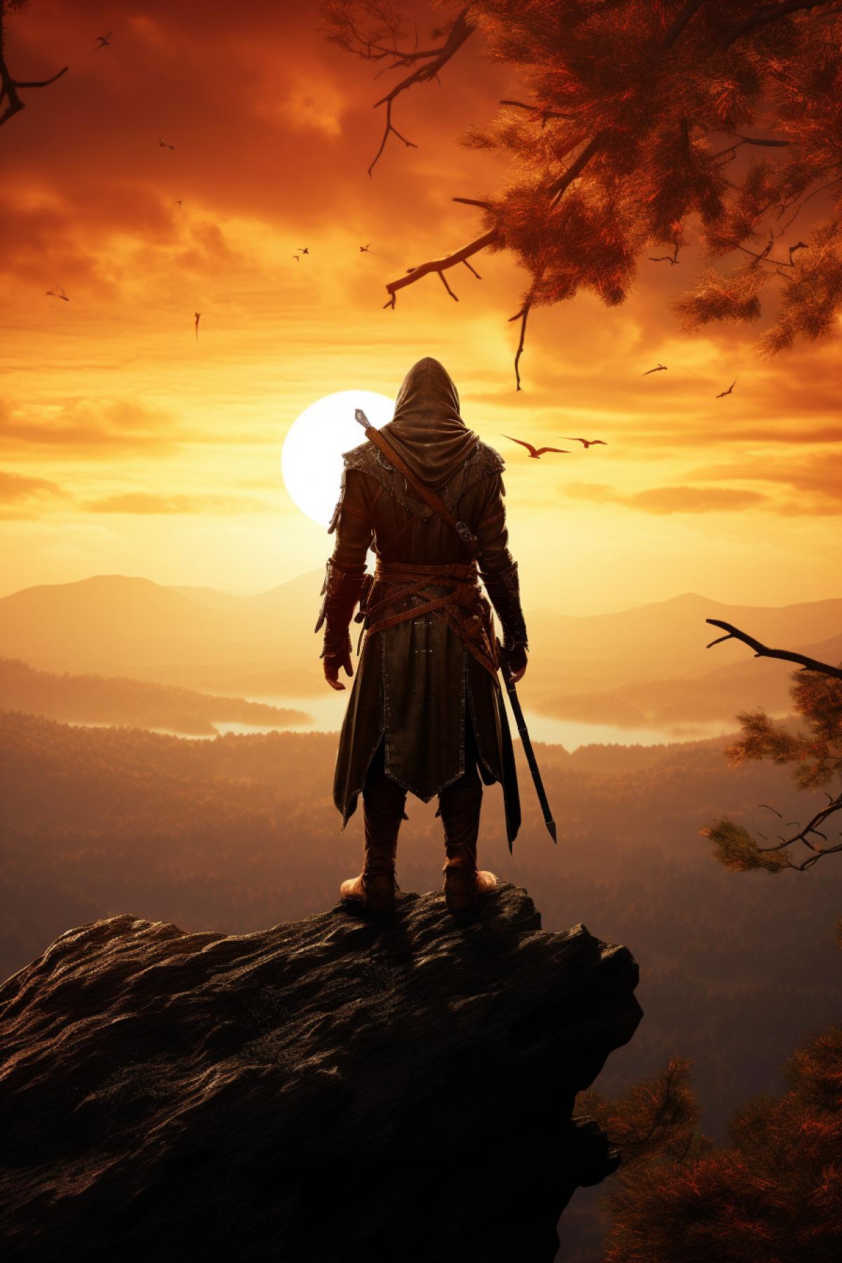human wasteland assassins creed man on the edge of a forest, standing on a rock in the sunset, character design, realistic, desperate, detailed, cinematic lights