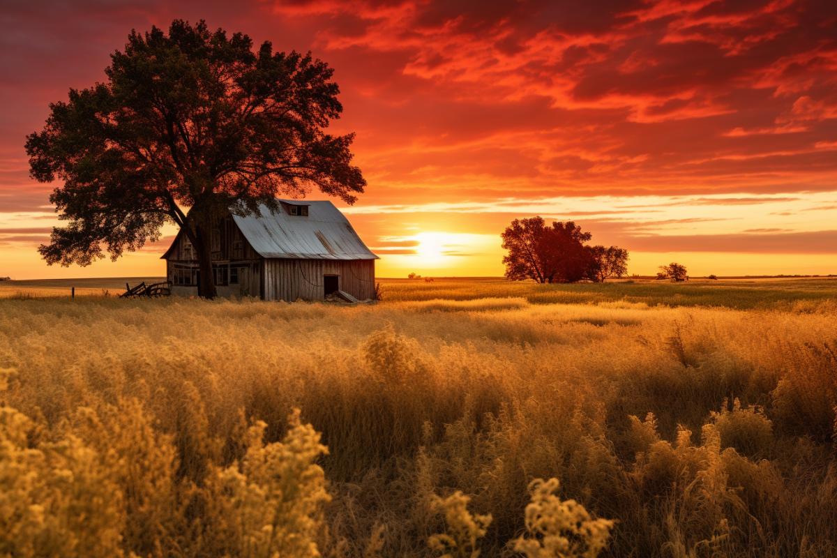 A picturesque Midwestern countryside scene at sunset. In the foreground, a gently rolling meadow filled with tall, golden grasses and wildflowers stretches out towards the horizon. A classic red barn with a weathered wood exterior and a rusted tin roof sits nestled among a grove of majestic oak trees, their leaves ablaze with the vibrant hues of autumn. A rustic wooden fence runs along the edge of the meadow, leading the eye to a peaceful, winding dirt road that disappears into the distance. The sky above is a masterpiece of warm colors, with the setting sun casting brilliant shades of orange, gold, and pink across the expansive canvas. Soft, billowing clouds catch the light, creating a dramatic and breathtaking display. Style: A blend of realism and impressionism, with attention to detail in the textures and colors of the landscape, while allowing for softer, more expressive brushstrokes to convey the warmth and comfort of the scene