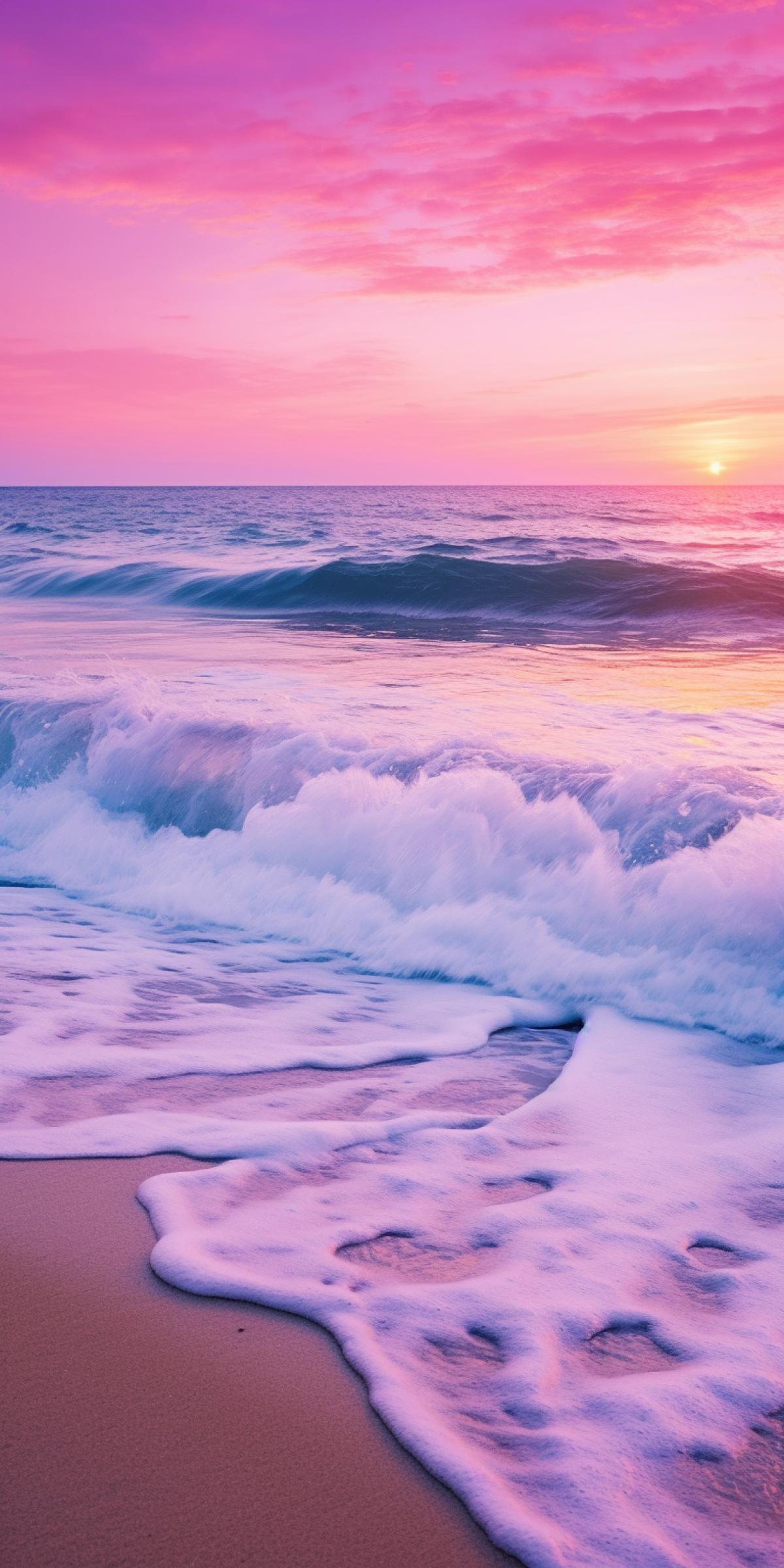 purple sea waves at the beach at sunset