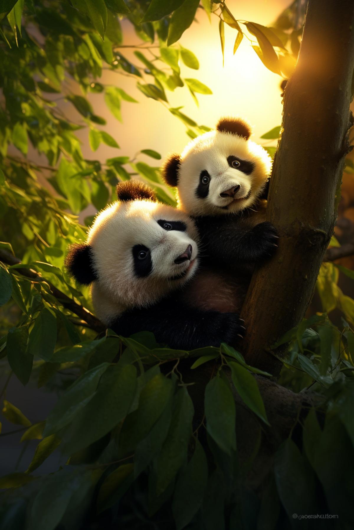 Real photography, realistic photos, top view, two cute panda cubs, sitting in very high branches, playing, green tree shadows, bamboo forest, spectacular sunset