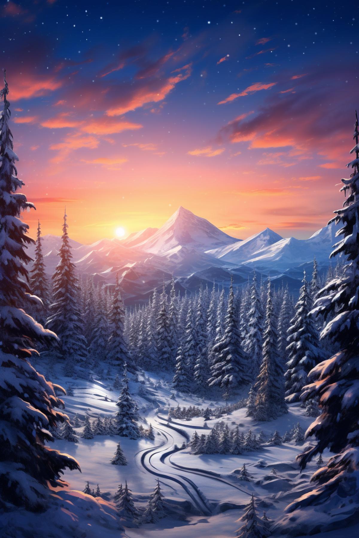 Winter landscape with a pine forest at sunset, starry night, sharp focus, wide shot, trending on ArtStation, masterpiece, by Greg Rutkowski, by Ross Tran, by Fenghua Zhong, octane, soft render, ultrarealistic, colorful, cinematic, horizon forbidden west