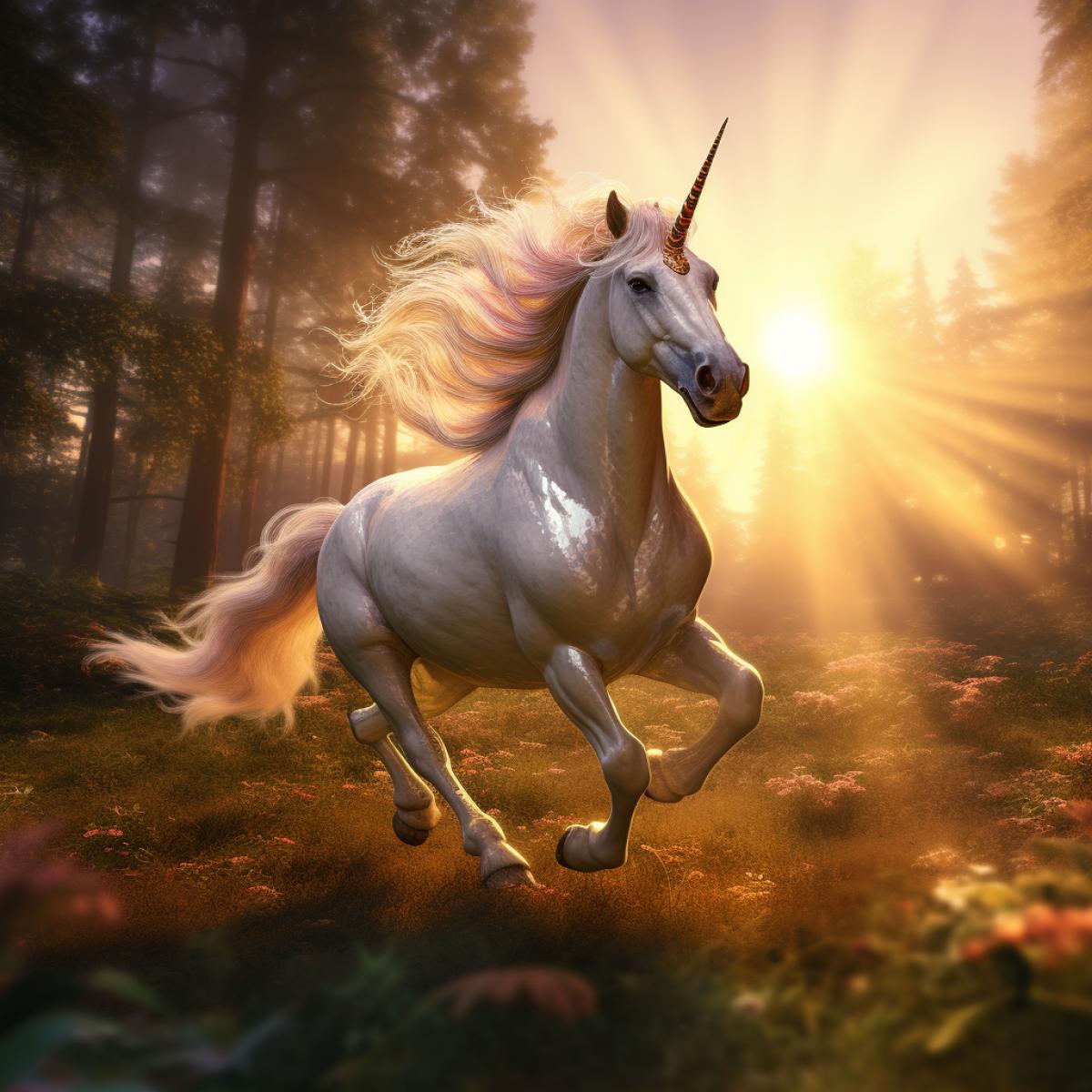rainbow unicorn running in magical forest, sunset, photorealistic, nikon d850, 300mm lens, 8k