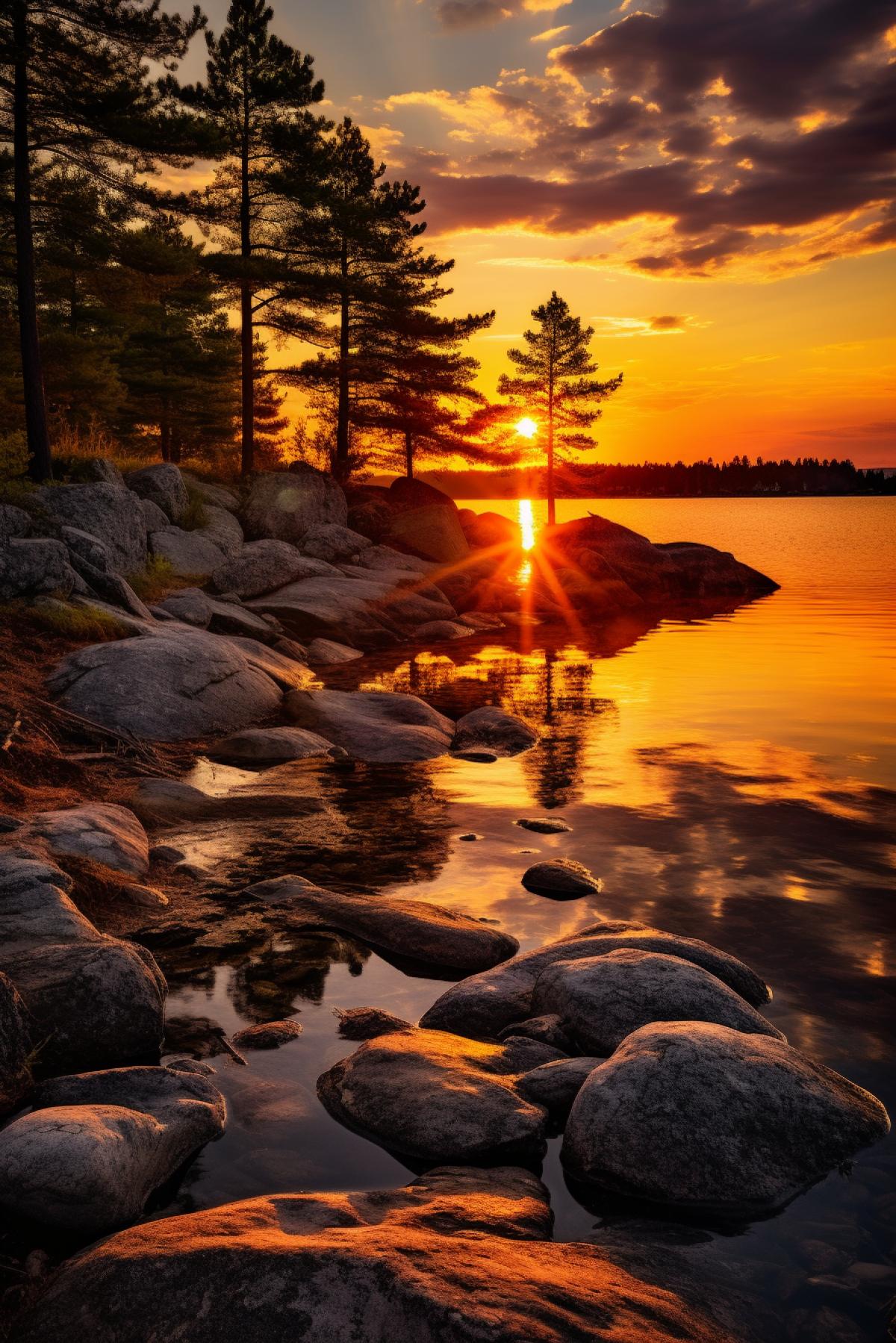 sunset on the lake with rocks and trees, in the style of nikon d850, sven nordqvist, intense color saturation, helios 44-2 58mm f/2, intense use of light and shadow, luminosity of water, yellow and orange