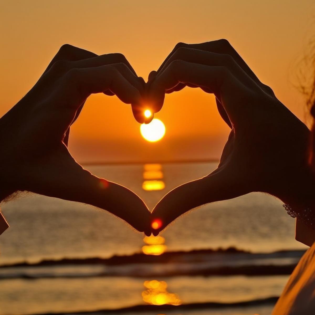 Sunset on the sea, the newlyweds caught the setting sun with a heart from their hands