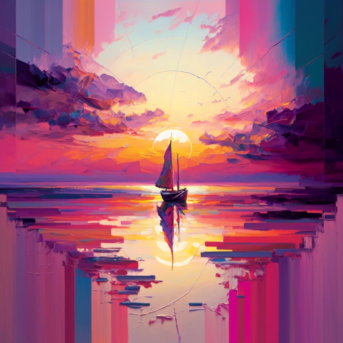 The sea, a huge sun sets over the horizon, against the background of the sun the silhouette of a boat with a sail and silhouettes of seagulls in the sky, lilac, pink, orange, cream, Scott Naismith style