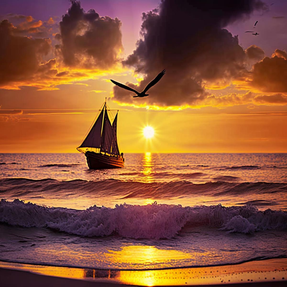 The sea, the clouds, the huge sun touches the horizon line, against the background of the sun the silhouette of a boat with a sail and silhouettes of seagulls in the sky, lilac, pink, orange, cream, Phil Koch style
