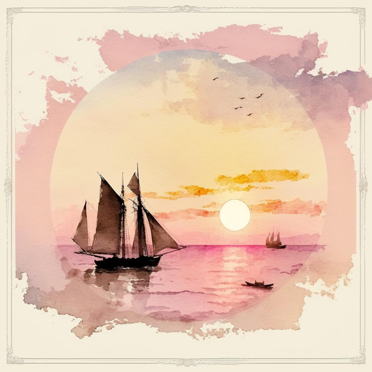 Sea, clouds, a huge sun (two thirds of the picture) sets over the horizon, against the background of the sun the silhouette of a boat with a sail and silhouettes of seagulls in the sky, lilac, pink, orange, cream, J. M. W. Turner style