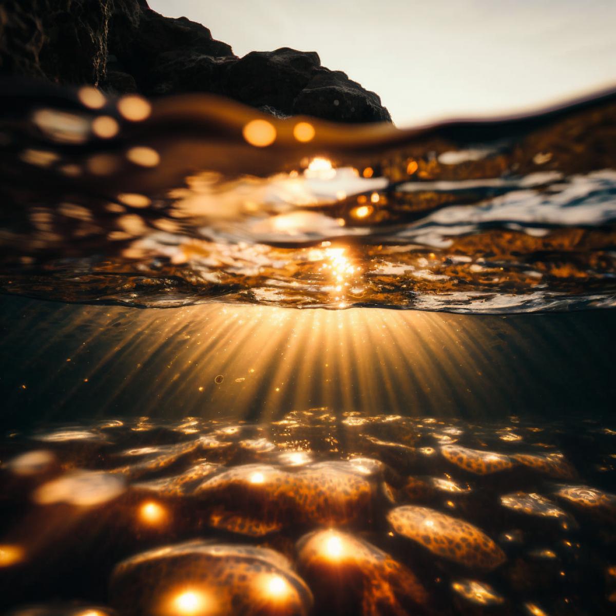 Underwater photograph of sea sunset, intricate, cinematic, atmospheric