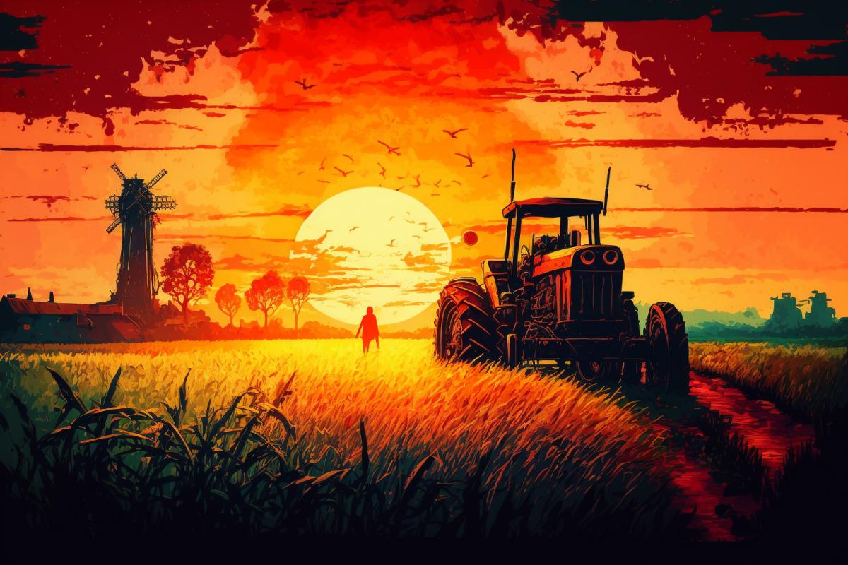 Bright sunset with a tractor in a field in the style of Van Gogh