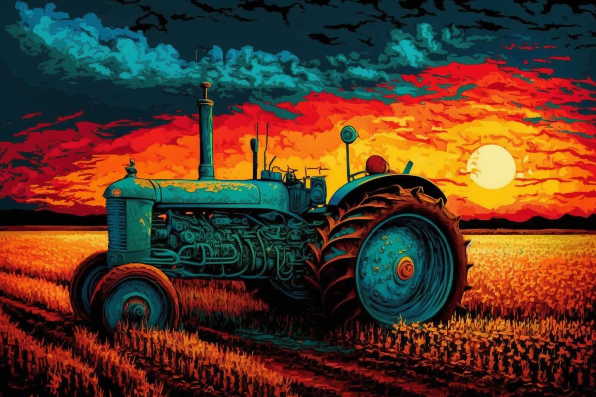 Bright sunset with a tractor in a field in the style of Van Gogh