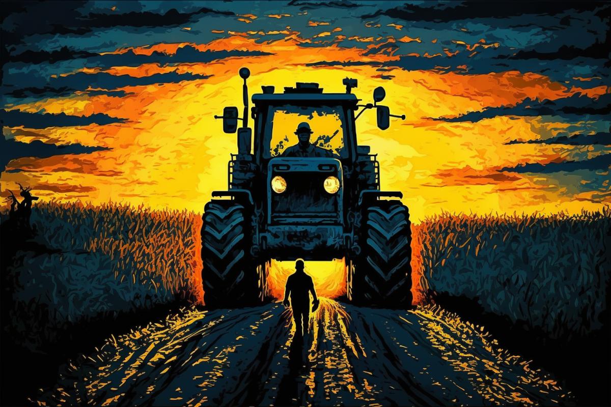 Bright sunset with a tractor in a field in the style of Van Gogh
