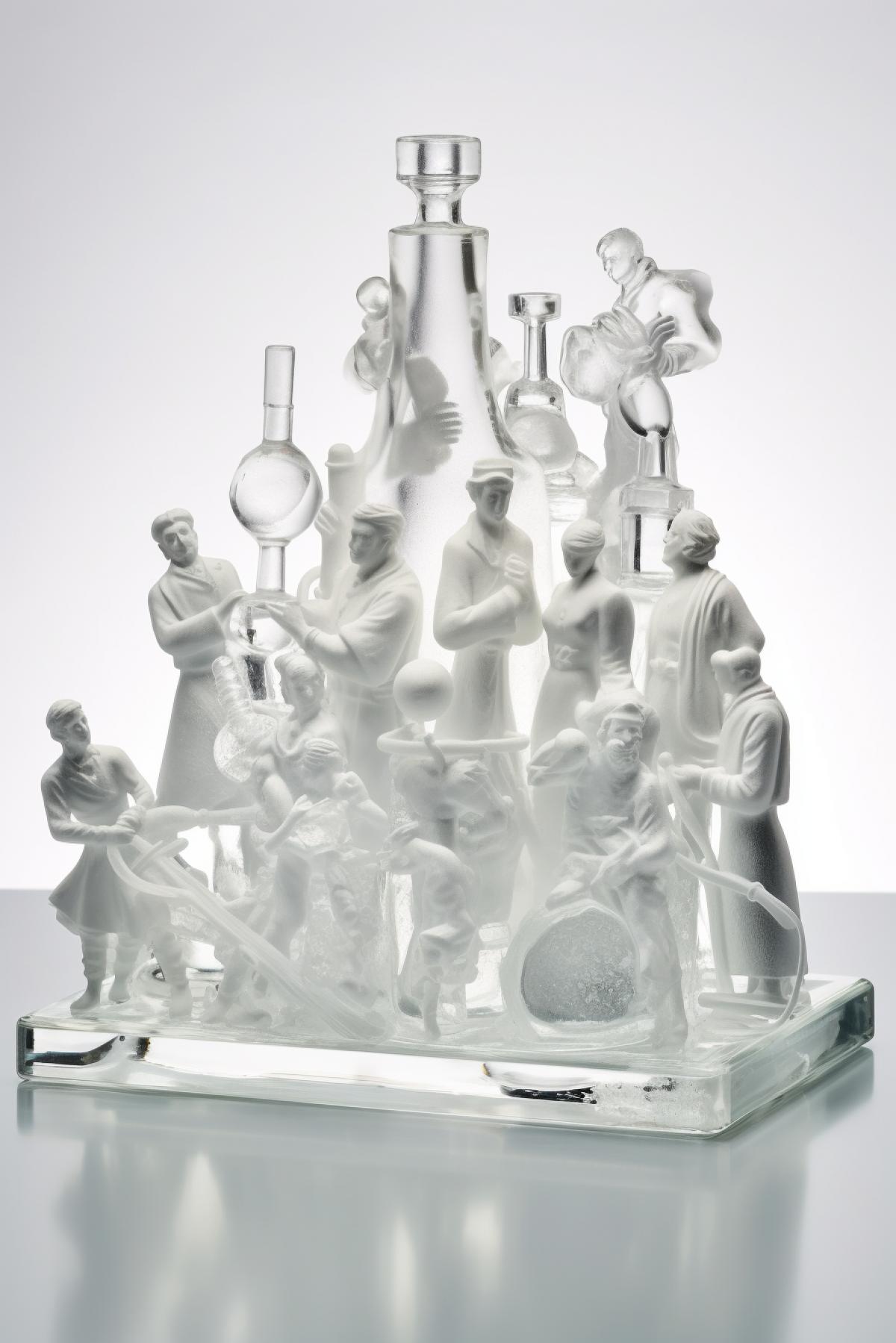 Ice sculpture, chemists with many different flasks