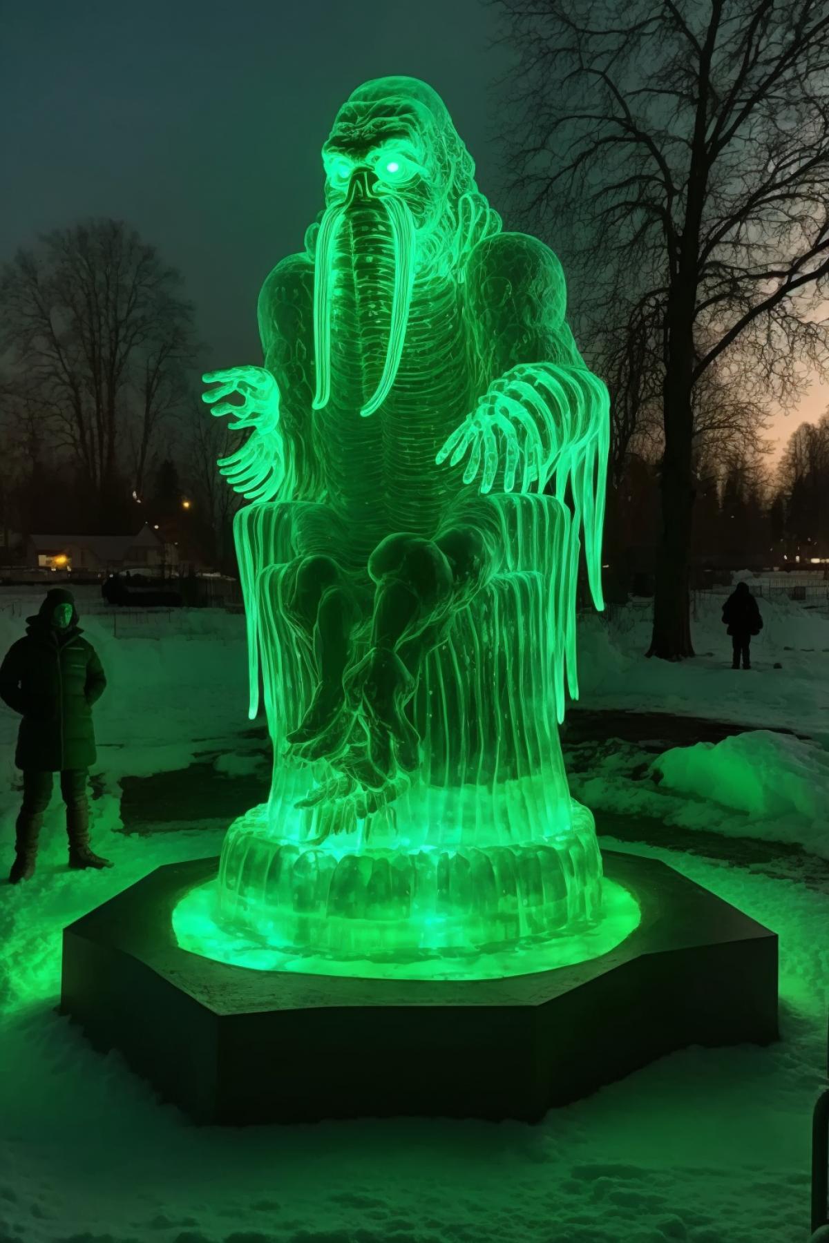 Huge ice sculpture of Cthulhu made of ice in winter Petersburg, green mysterious glow
