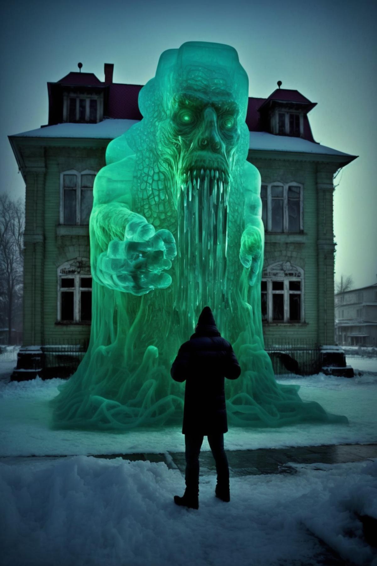 Huge ice sculpture of Cthulhu made of ice in winter Petersburg, green mysterious glow