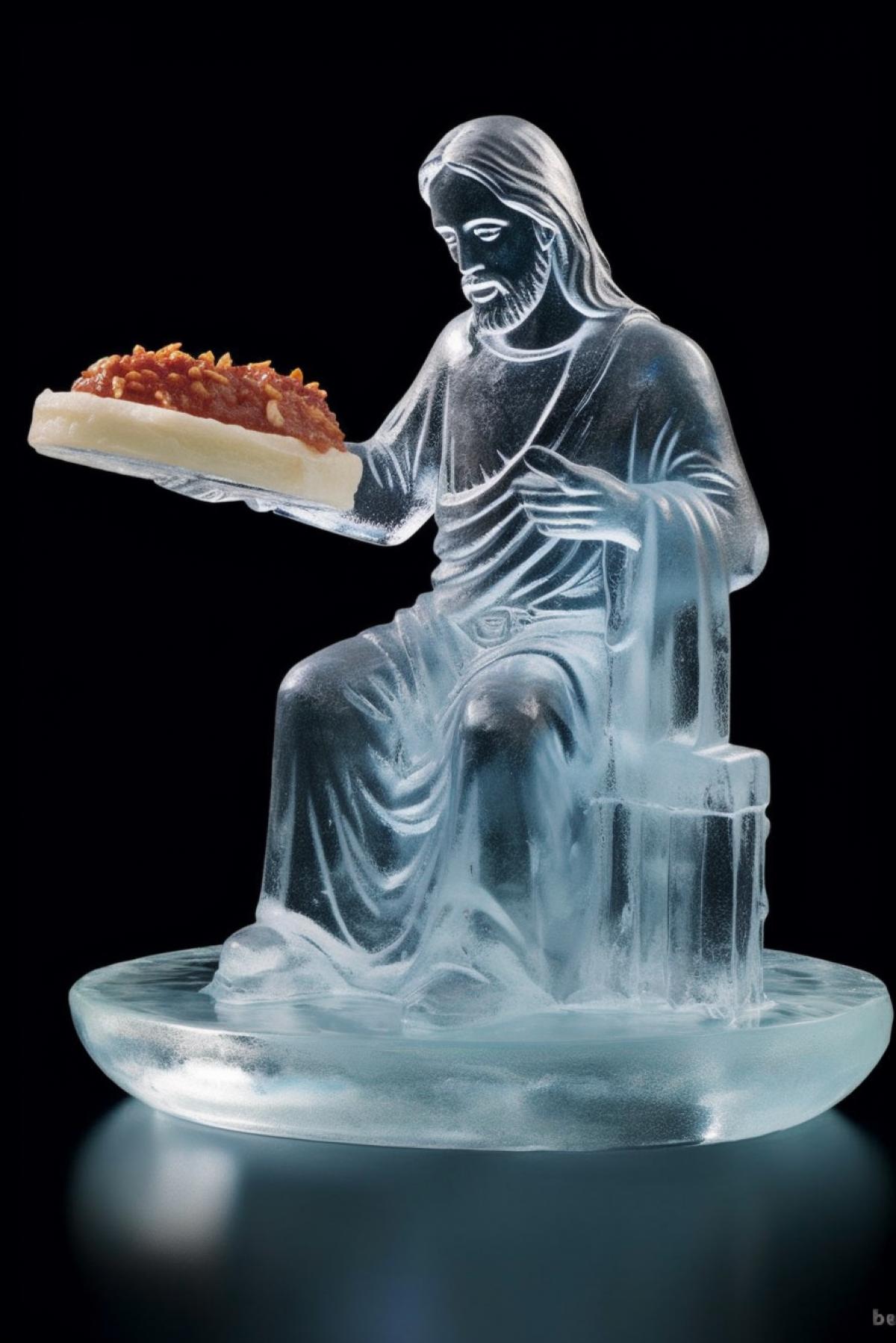 Ice sculpture made of ice, Jesus eats pizza in winter