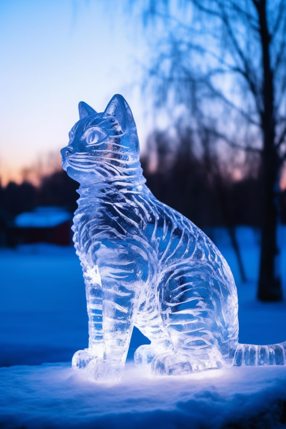 Sculpture of a cat made of ice, illumination, evening photography