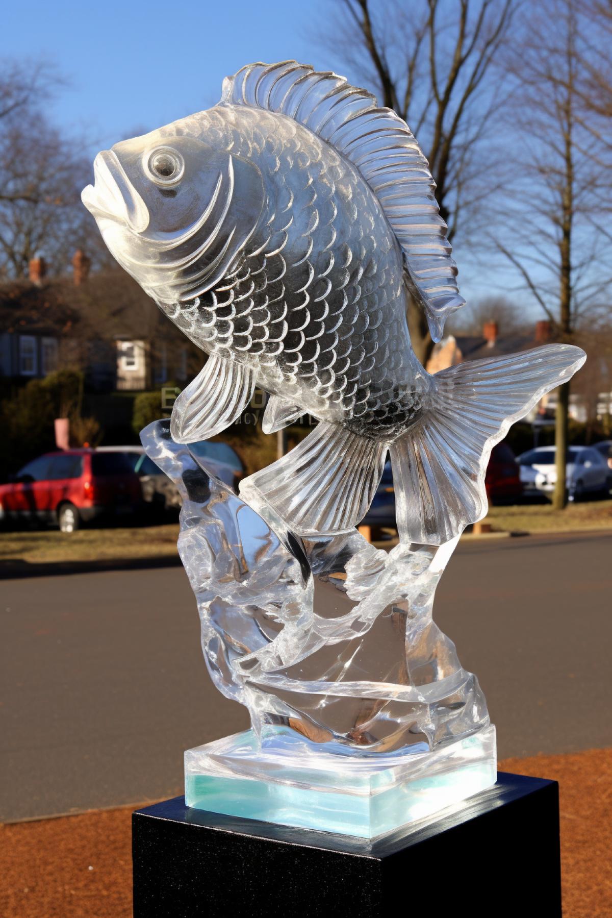 Ice sculpture in the form of a large fairy-tale fish, many details