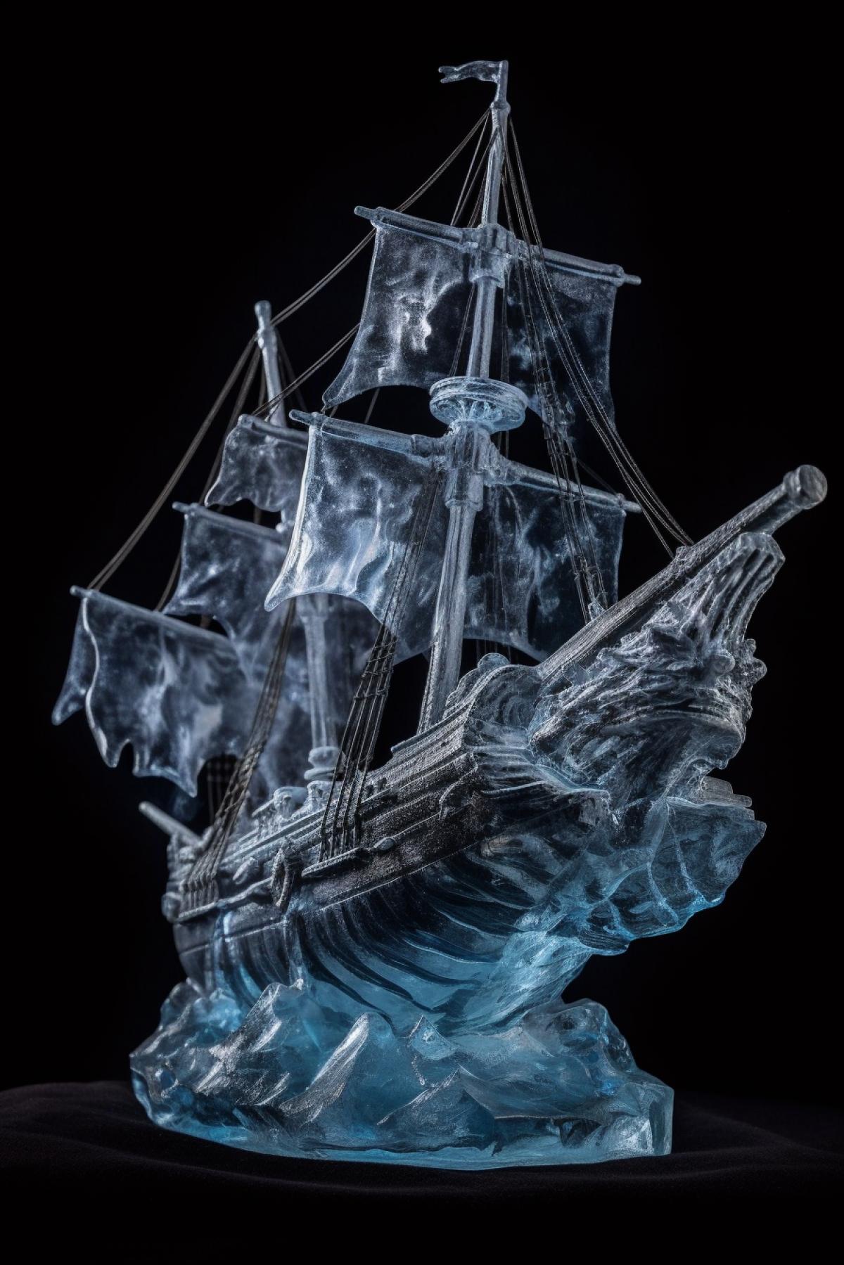Ice sculpture of a pirate ship with a mysterious glow, high detail