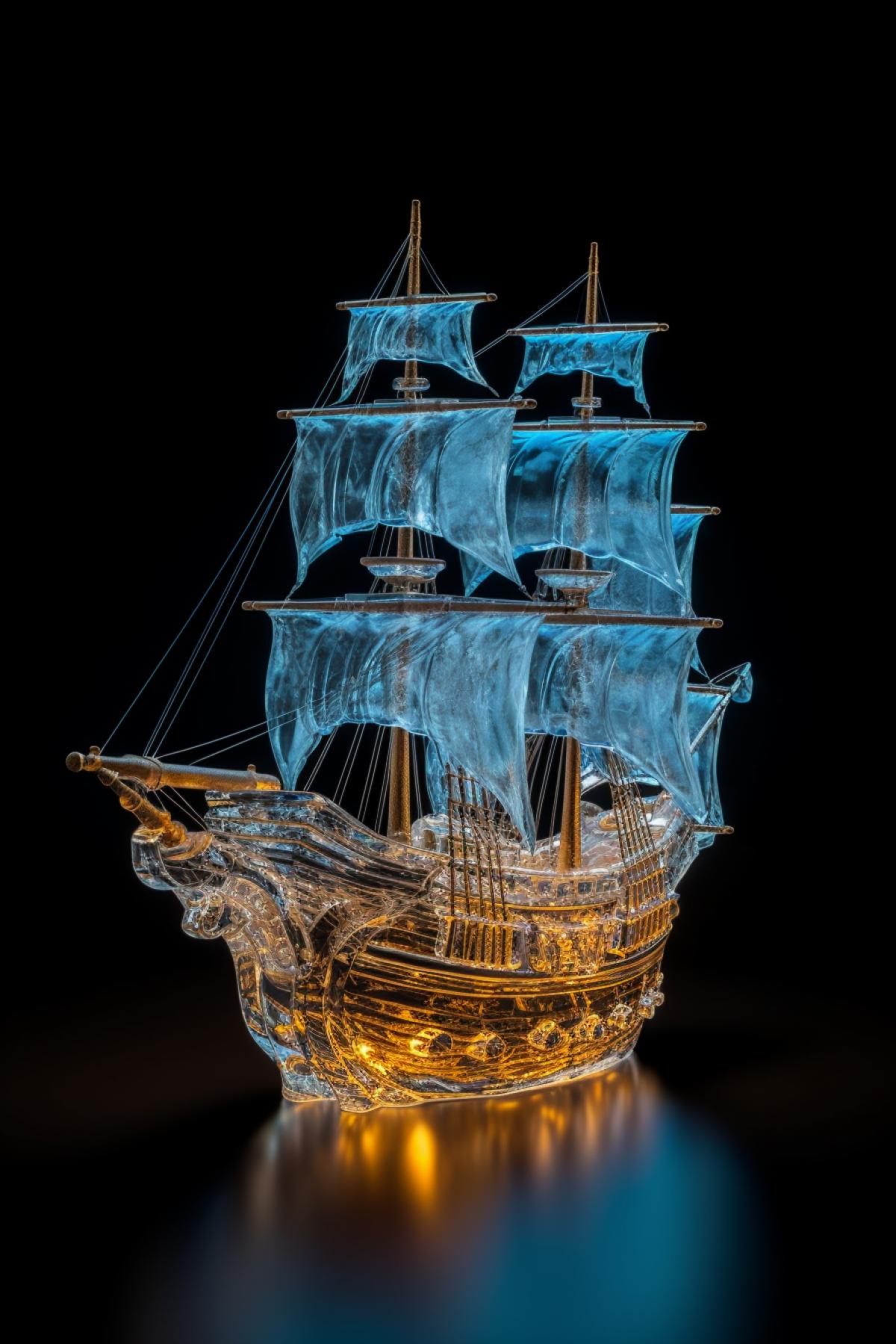 Ice sculpture of a pirate ship with a mysterious glow, high detail