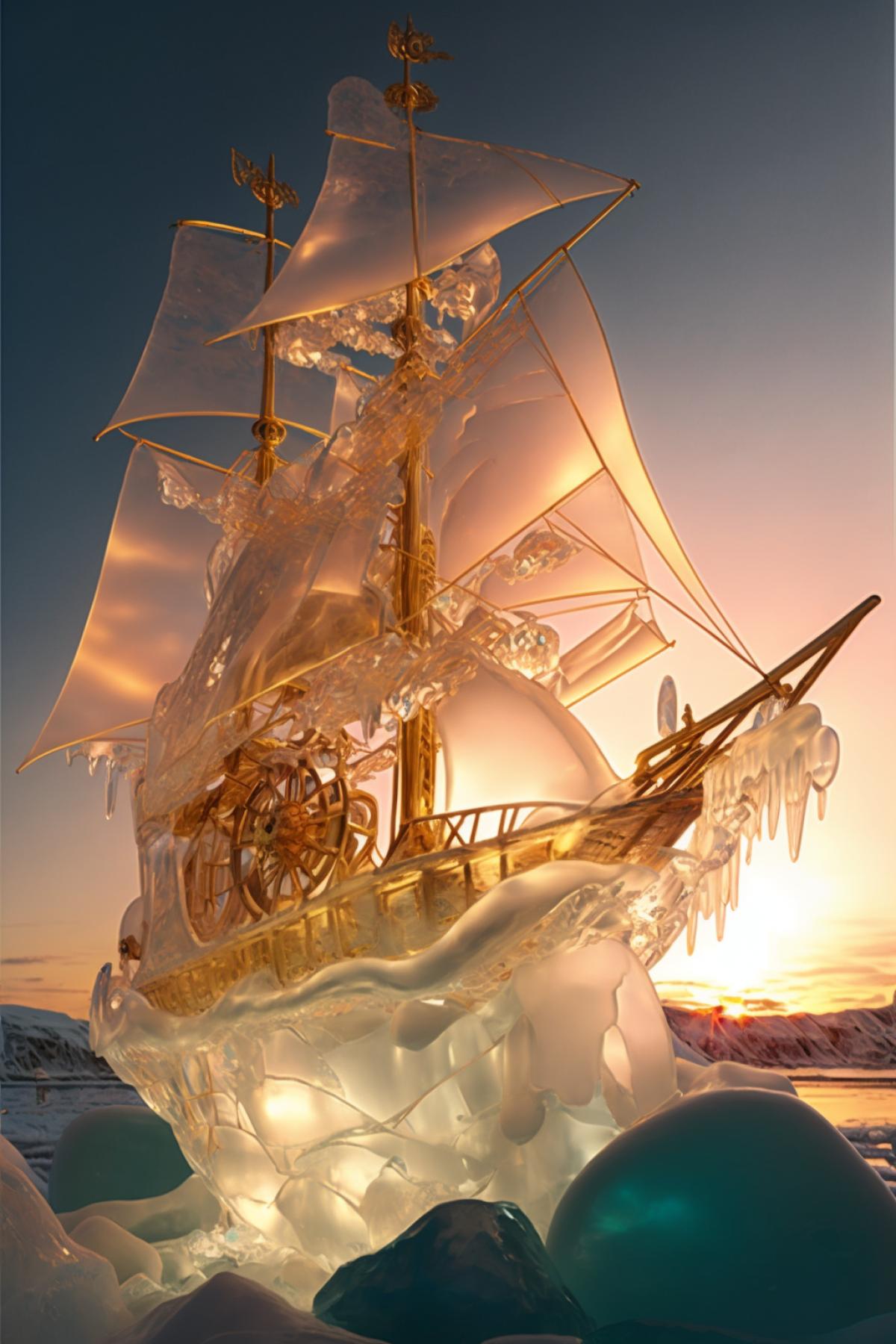 ice sculpture in the form of a transparent pirate ship, the rays of the setting sun, 8k