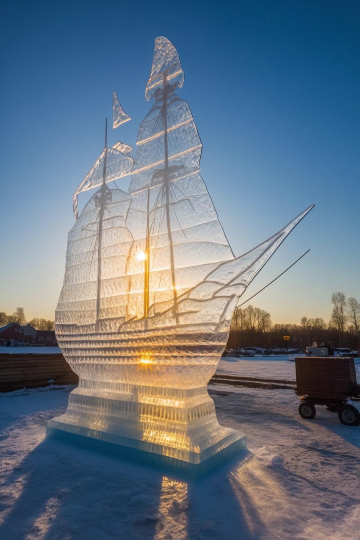 ice sculpture in the form of a transparent pirate ship, the rays of the setting sun, 8k