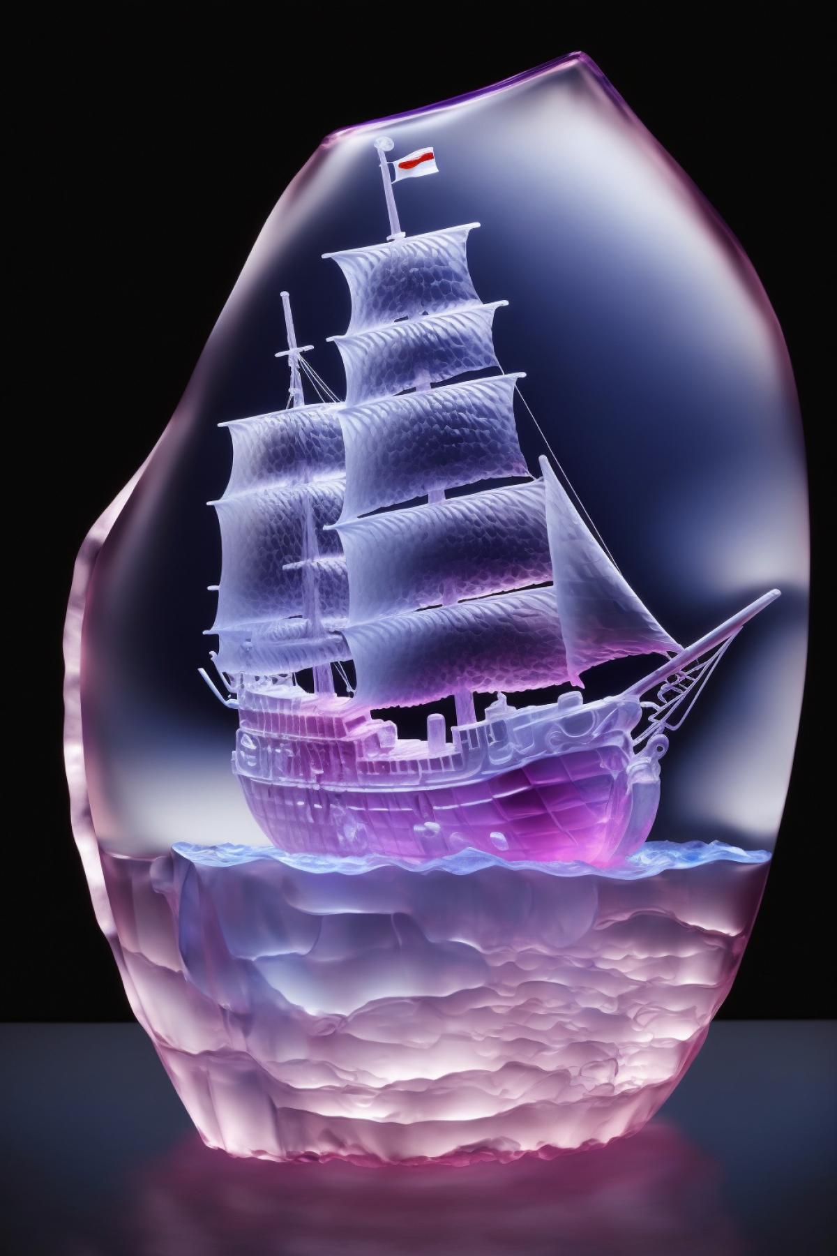 Transparent ice sculpture: high sea wave, Hokusai style, a boat with a sail on the crest of the wave, twilight, backlighting in blue, purple, pink