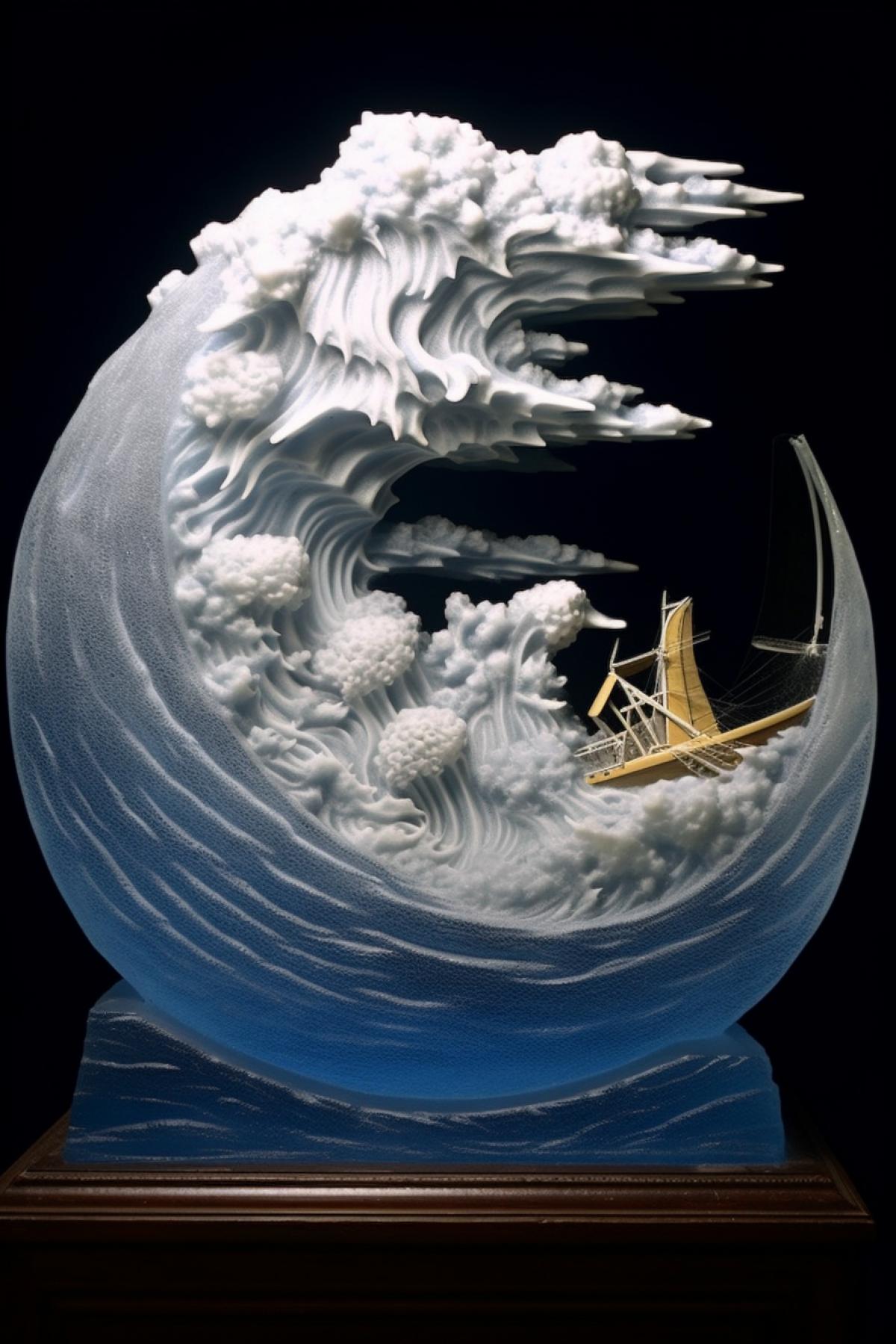 A boat on a crest of wave, style Hokusai, ice sculpture, background: outdoors night, moonlight, stars
