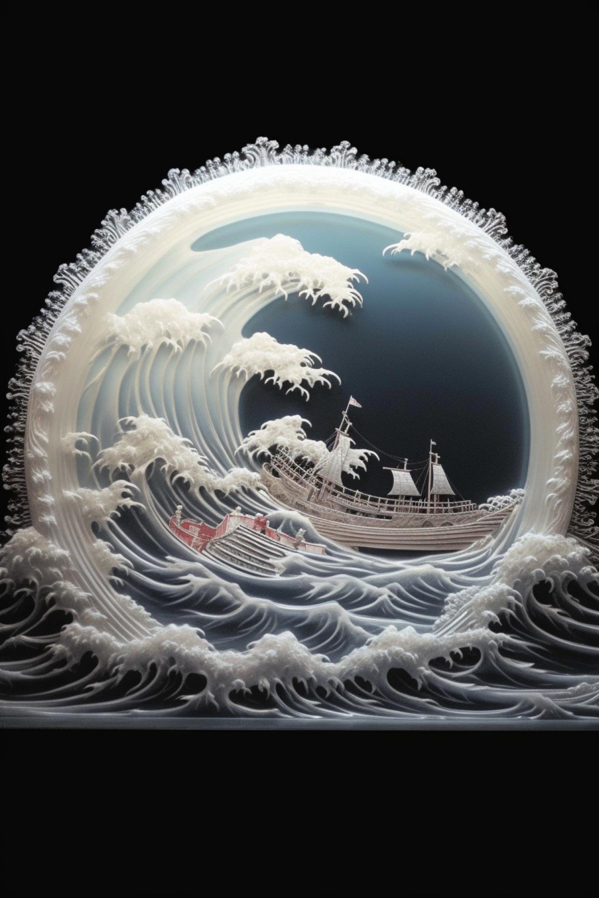 A boat on a crest of wave, style Hokusai, ice sculpture, background: outdoors night, moonlight, stars