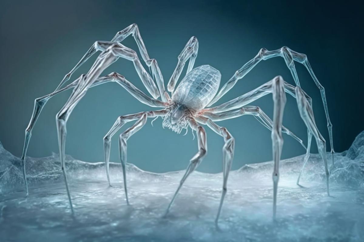 ice transparent sculpture in the form of a large spider, very detailed, 4k