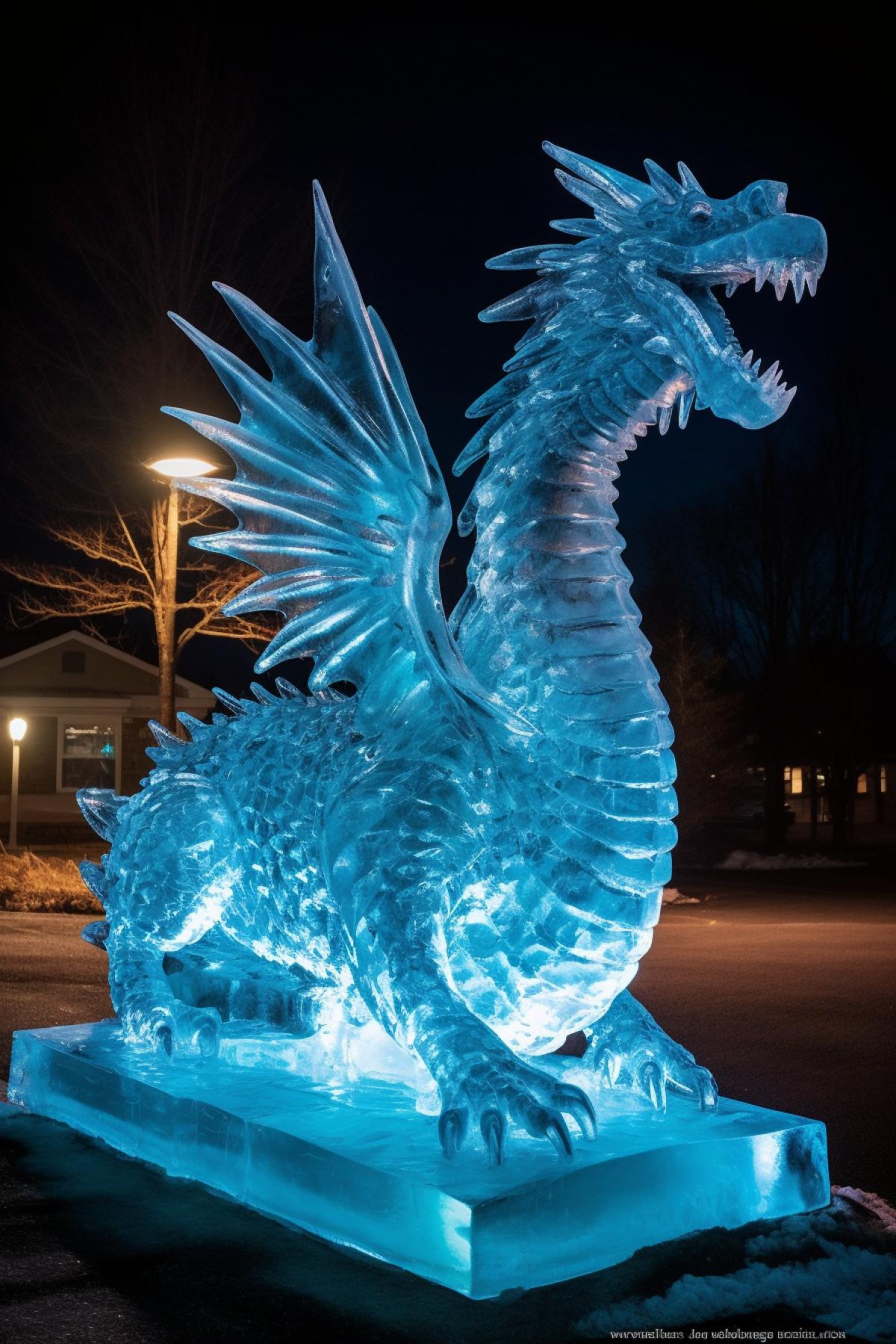 dragon ice sculpture, illumination, night photography