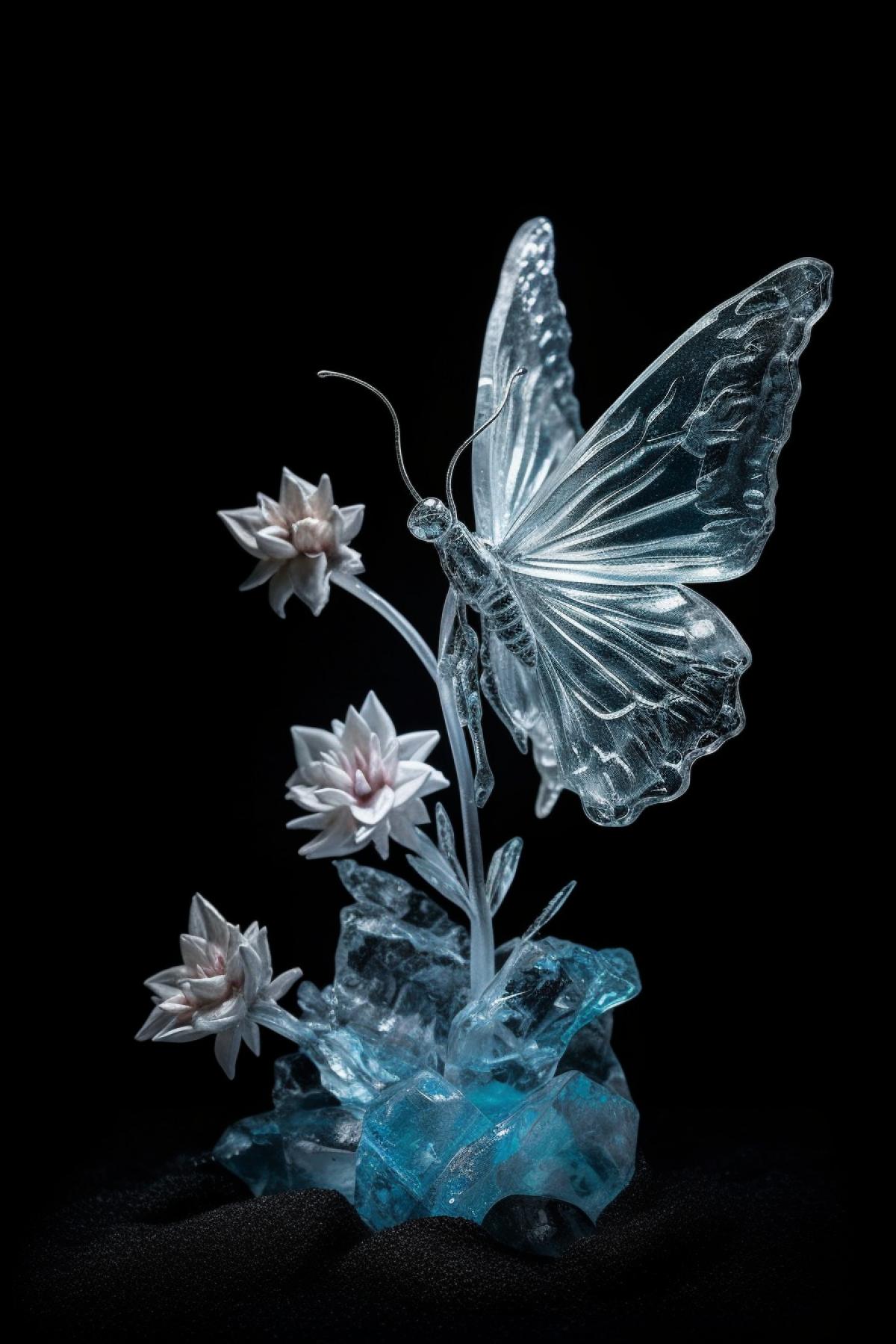 Sculpture of an ice butterfly on a dark background with potflower