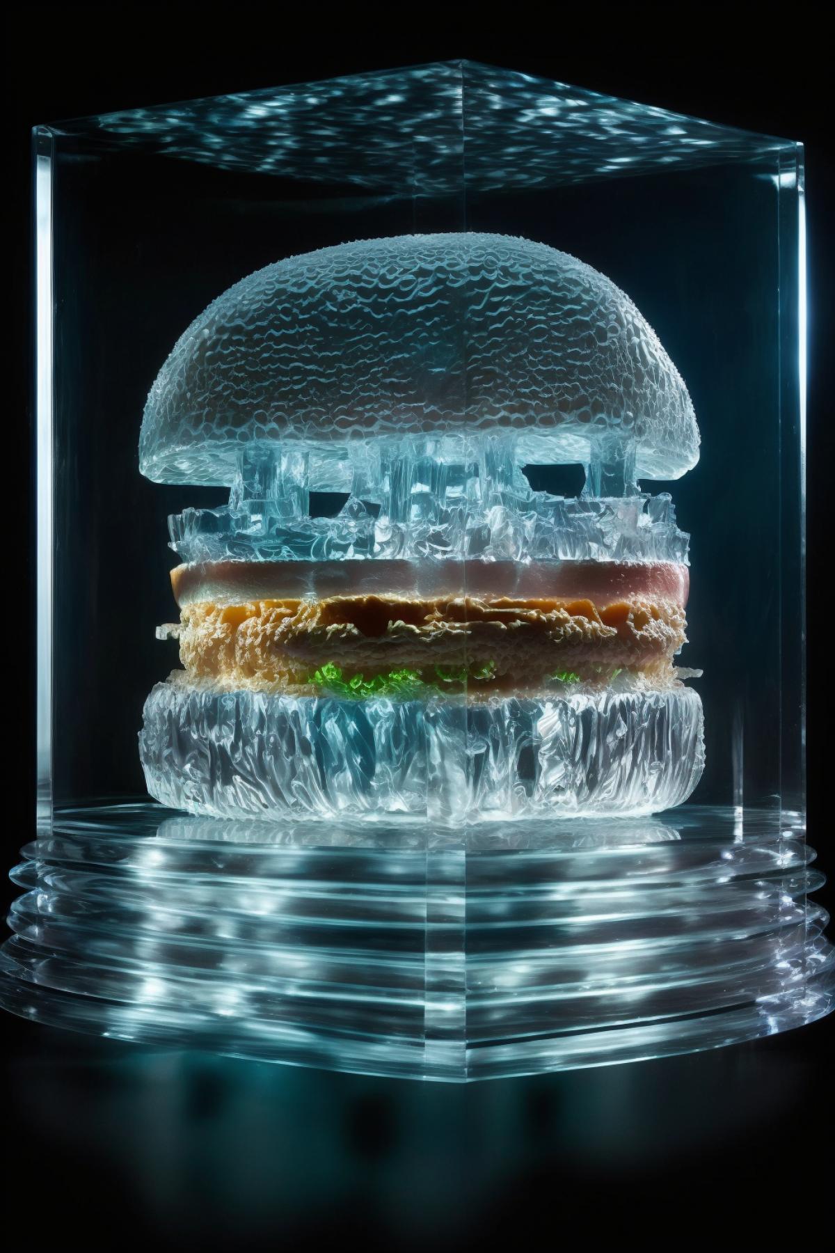 Ice sculpture of a huge transparent glhamburger