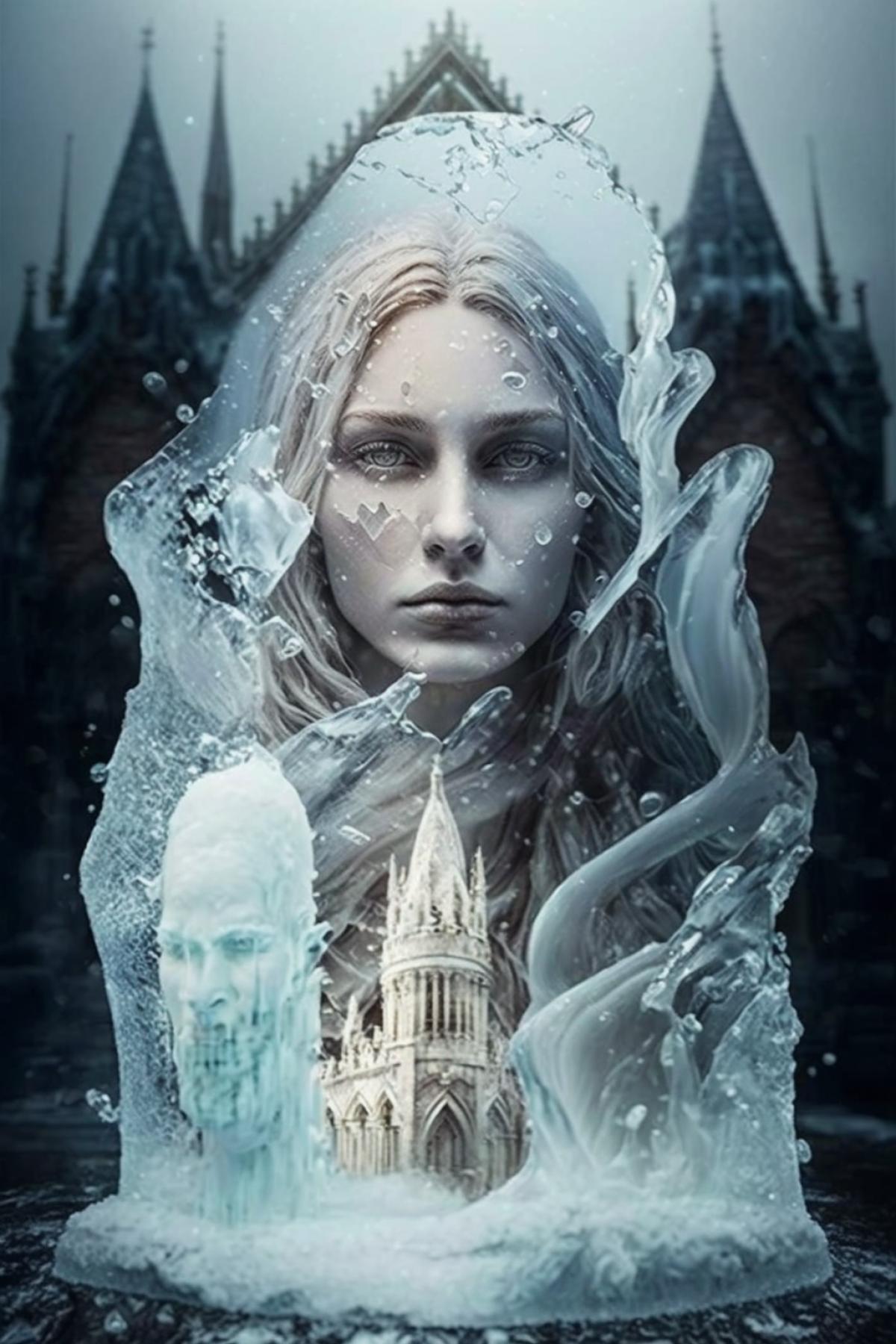 Ice sculpture in the form of a girl, around frozen people, fear on the face, reaching into the camera, magic, a ruined city in the background, the middle ages, winter
