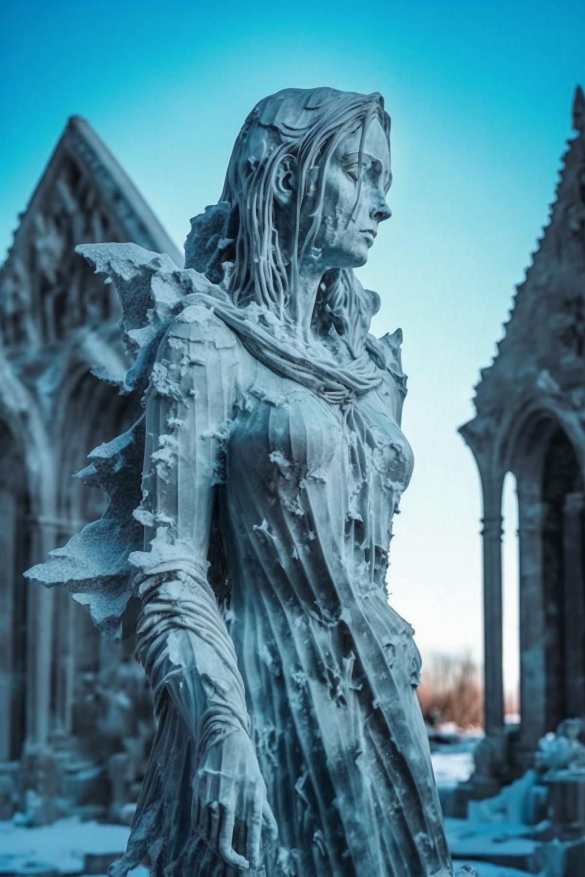A statue of a girl made of ice, which leans into the sky, against the background of a ruined medieval city, winter, cold, full growth, com4k