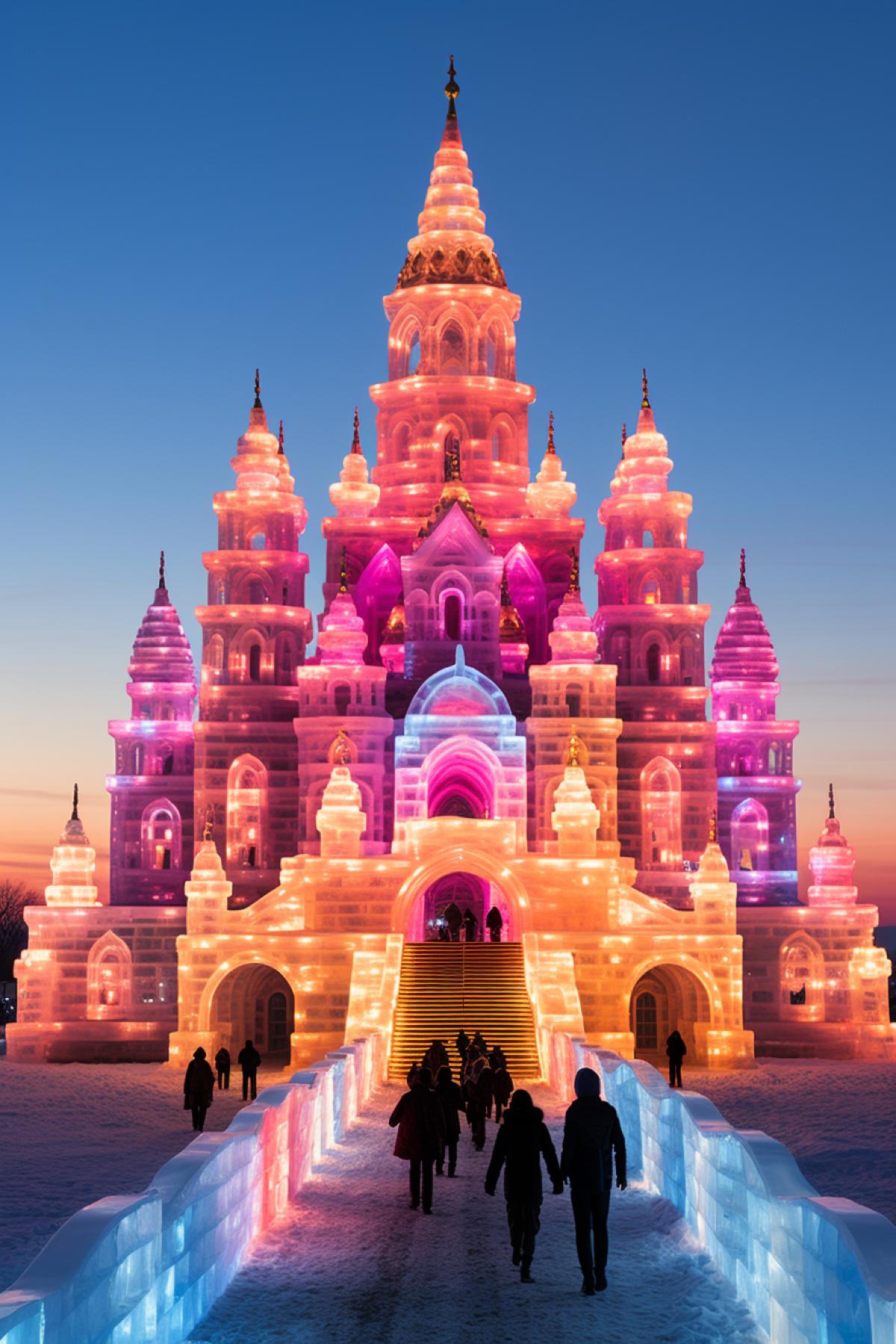 A very beautiful high ice sculpture depicting the Snow Queen, against the backdrop of a snow-covered city at night, multi-colored lights, sparks and lights